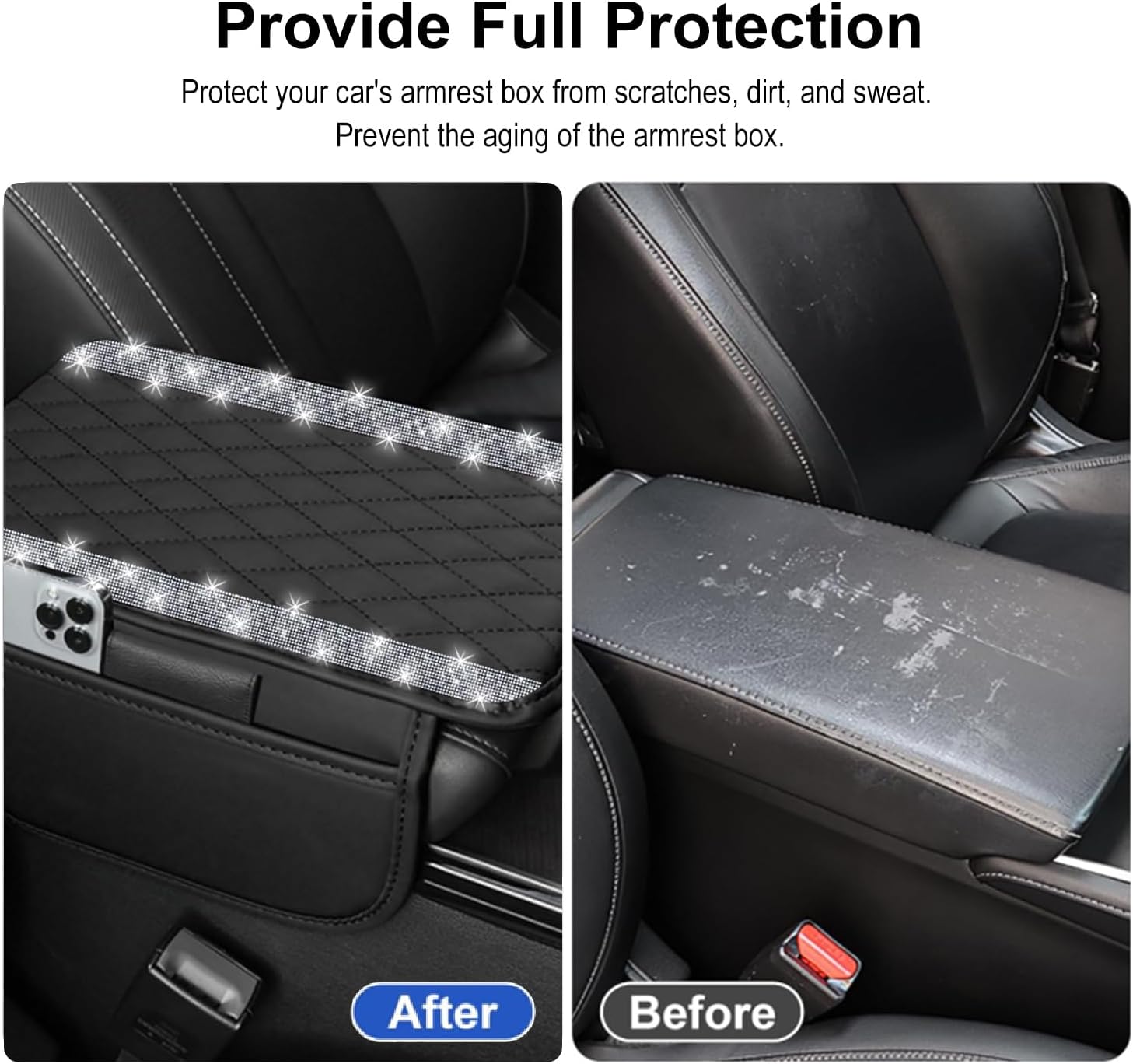 Thumbnail 5 de NBTEPEM Bling Car Center Console Cover — Leather Arm Rest with 2 Storage Pockets (Silver)
