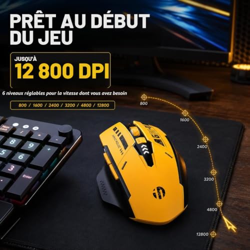 Thumbnail 1 de inphic A9 souris gamer rechargeable, trois modes, 12 800 DPI, RVB, jaune