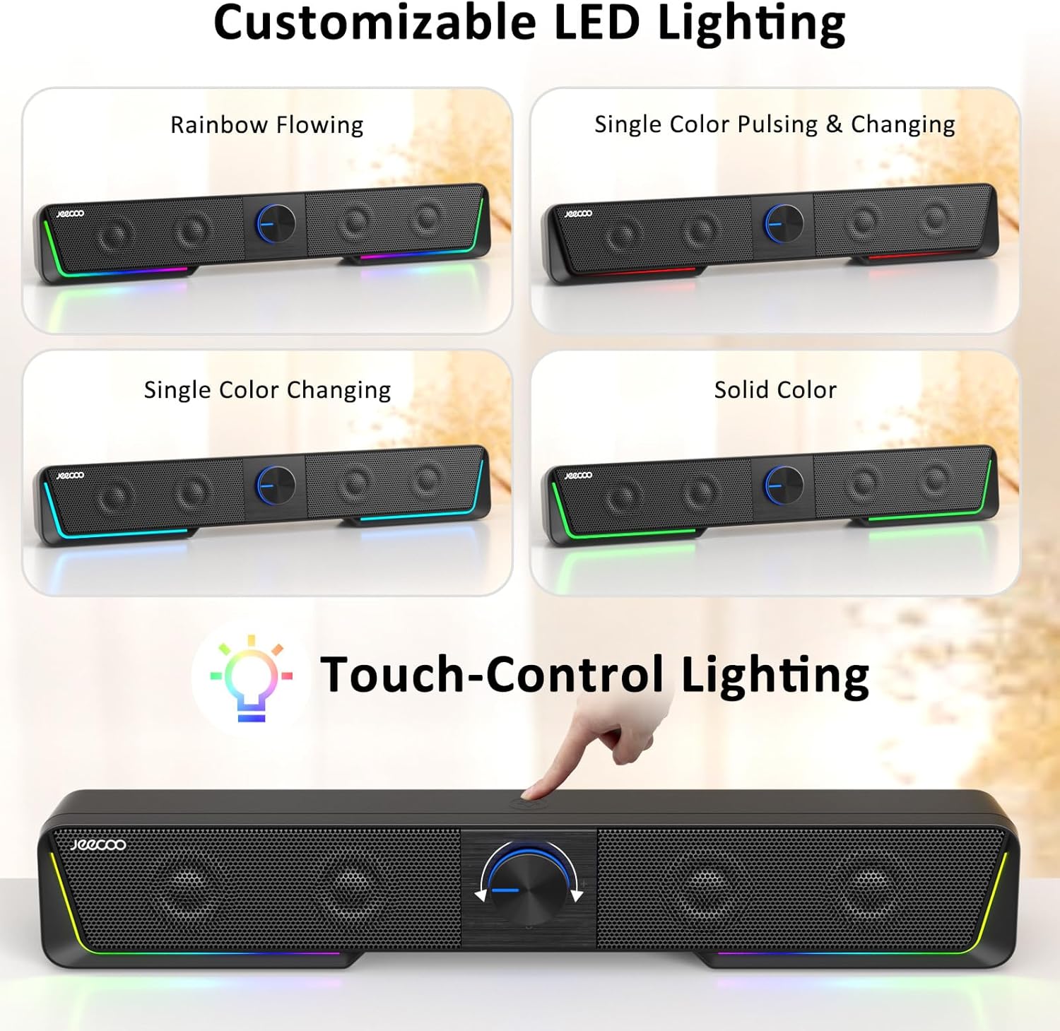 Detalle de Jeecoo A40 USB & Type-C PC speakers with Bluetooth, touch LEDs and vibrating diaphragms