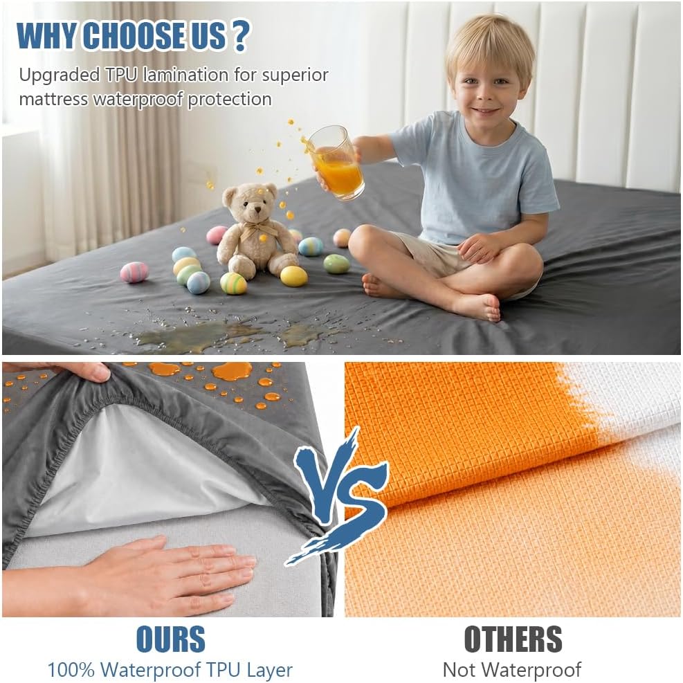 Detalle 2 de OFFCUP V9-138*190-SHFSCL-FBA Waterproof Mattress Protector, Grey, 30cm Deep