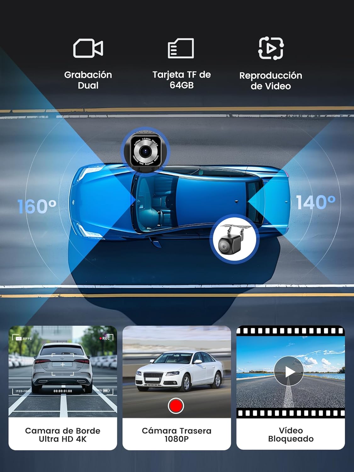 Detalle de Carplay Auto 9'': Dash Cam 4K Frontale e 1080P Posteriore, Navigazione GPS, CarPlay/Android Auto Wireless, Mirror Link e SD 64GB Inclusa