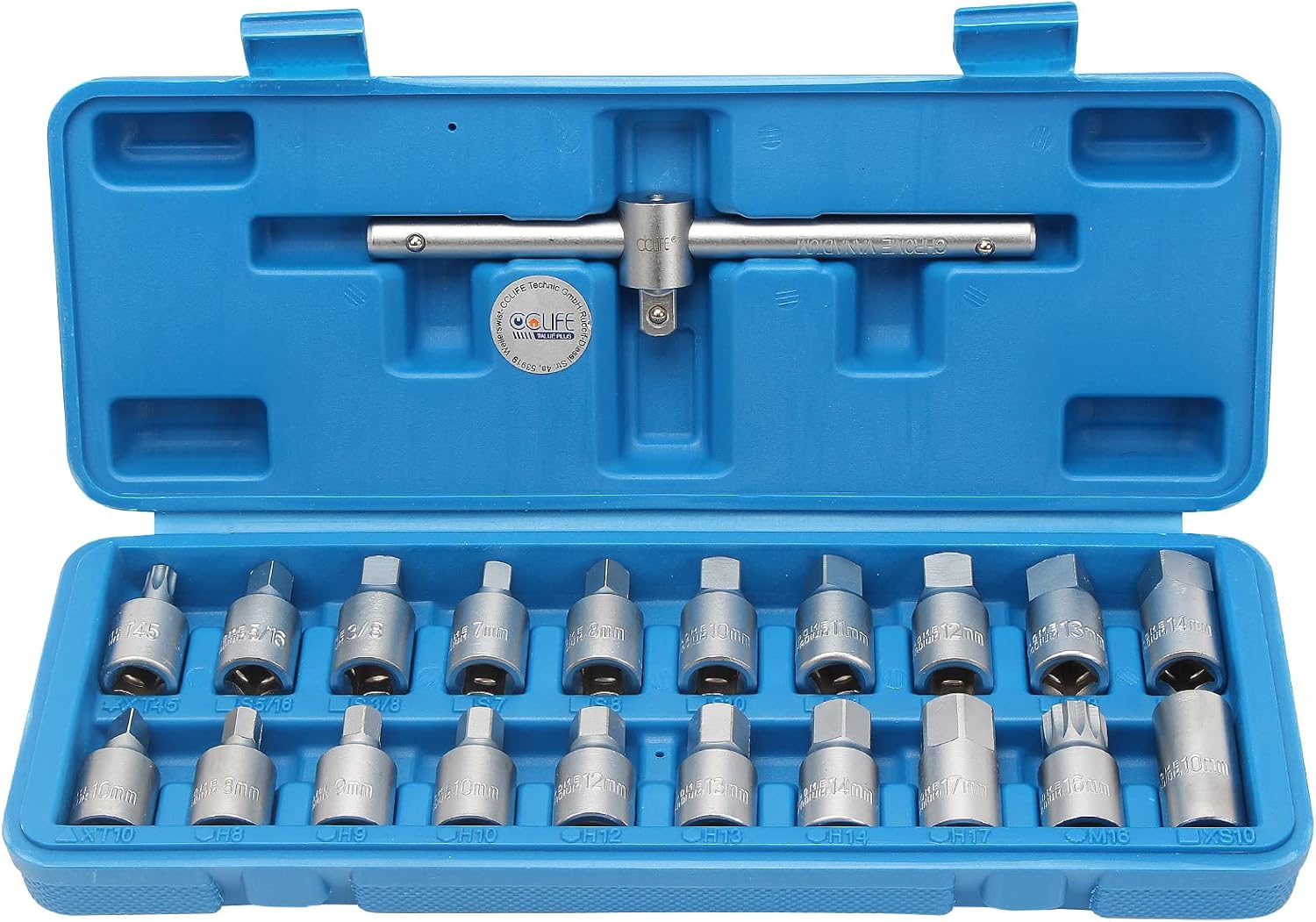 Detalle de CCLIFE kit bouchon de vidange 21 pièces en entraînement 3/8" avec poignée coulissante