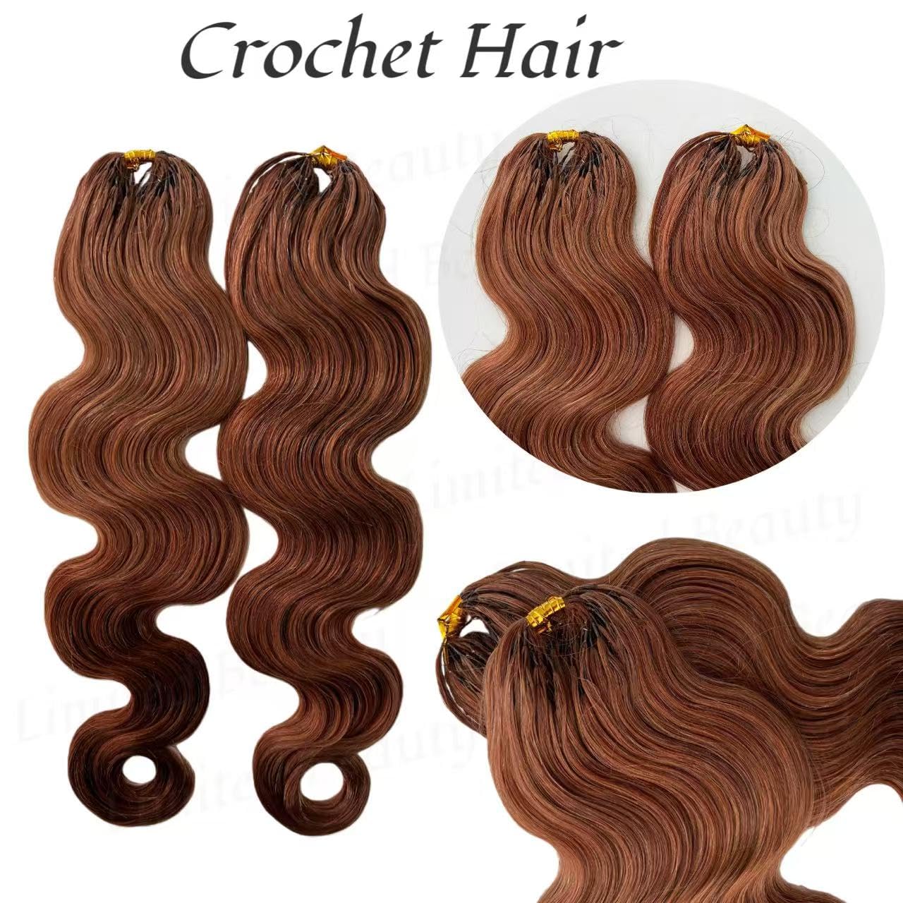 Detalle 2 de Body Wave Feather Crochet Hair Extensions 2-Pack, 100% Human Hair, Color #30 Auburn Ginger, 18in, 120g
