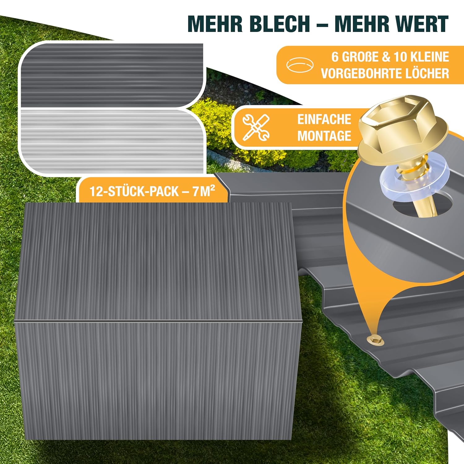 Thumbnail 2 de KESSER Trapezblech Set 12‑Stück 129×45 cm, verzinkter Stahl 0,25 mm – Dach- und Wandbleche mit Schrauben, Unterlegscheiben & Montagehandschuhen