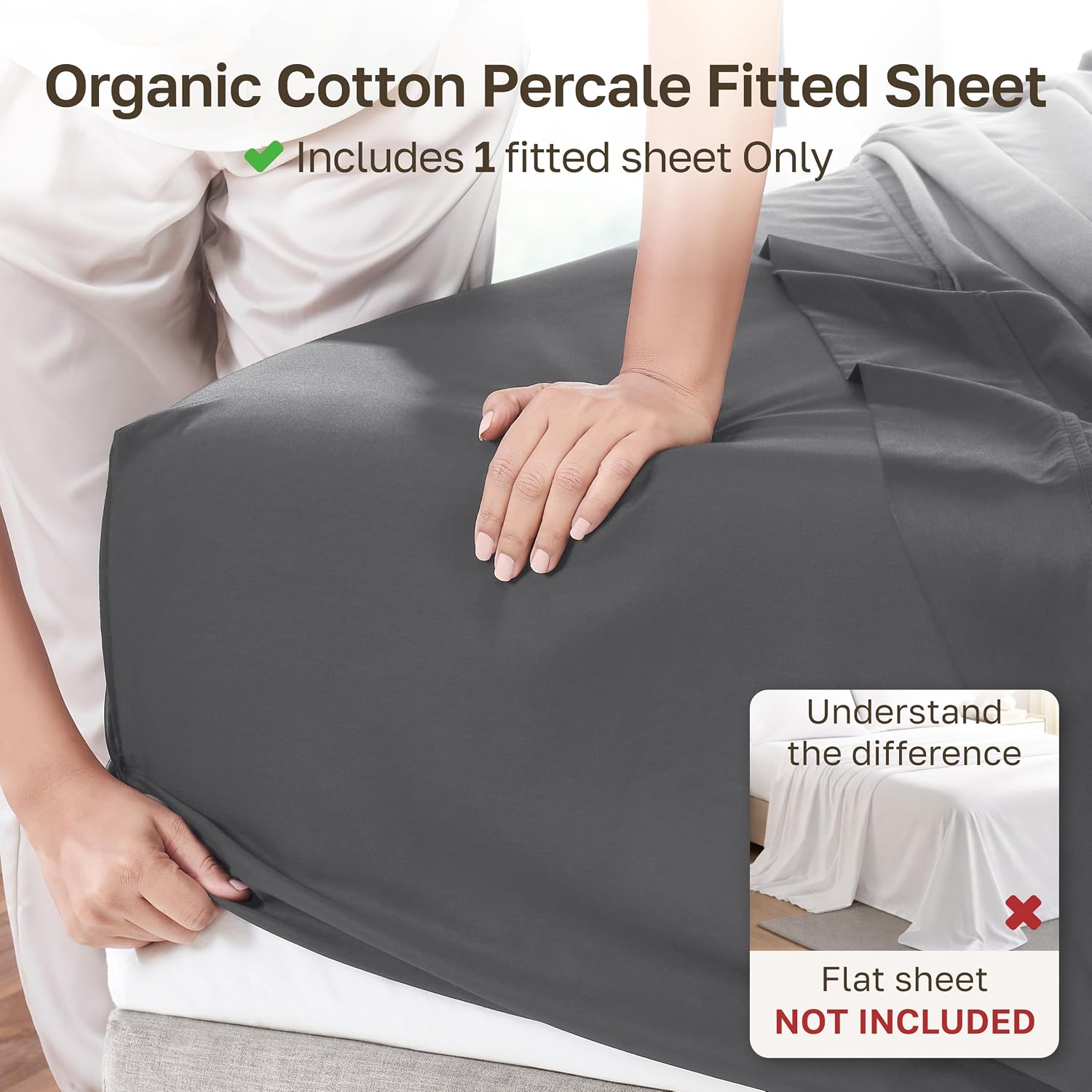 Detalle de California Design Den 840307166982 Organic Cotton Queen Fitted Sheet, Grey Percale