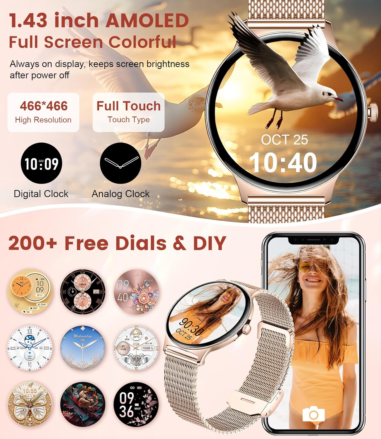 Thumbnail 4 de Women's Smart Watch for Android iOS with Bluetooth Phone Calls 1.43" AMOLED