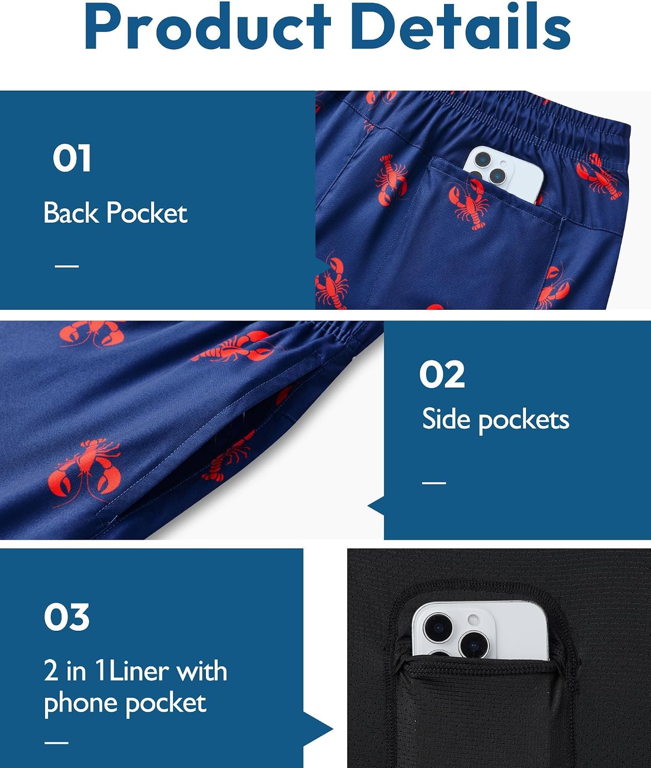 Detalle de Gleeease 7-Inch 2-in-1 Men's Swim Trunks: Compression Liner, Pockets, and Quick-Dry Stretch
