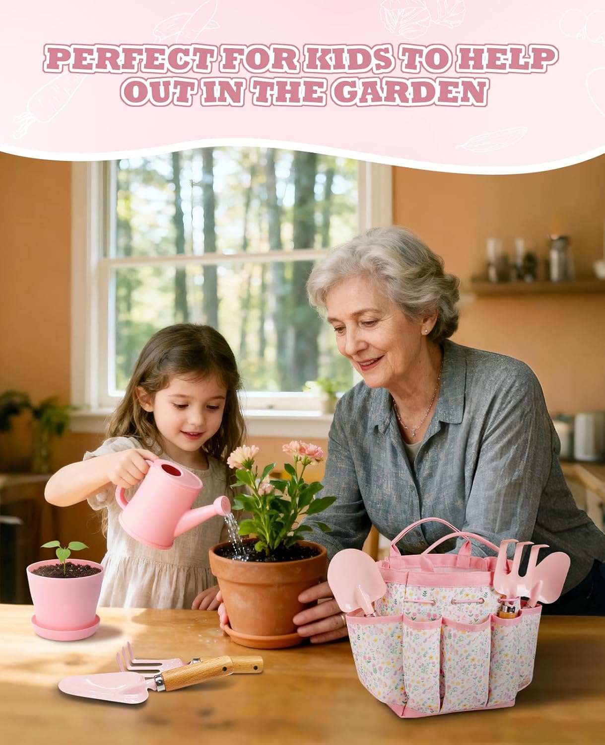 Thumbnail 2 de YAUNGEL Kids Gardening Set (Wooden Rake, Shovels, Gloves, Watering Can, Apron & Tote Bag) — Pink