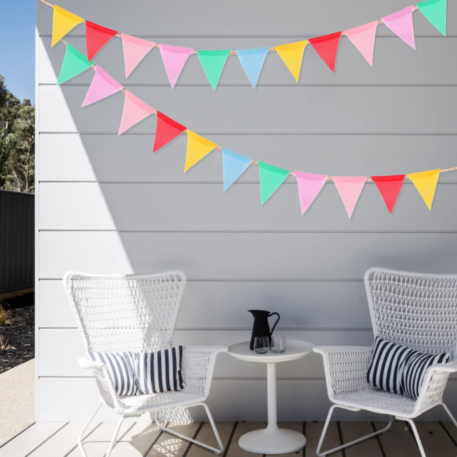 Detalle 2 de G2PLUS 20 m Wimpelkette Outdoor Pastell (5 Stück) – wetterfeste Garten-Girlande mit 60 Fähnchen