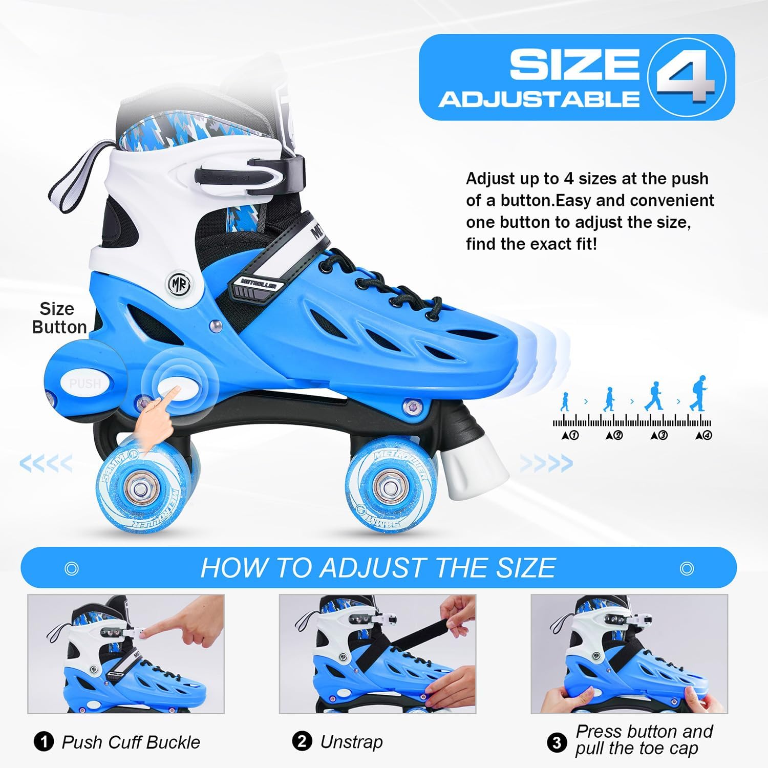 Detalle de METROLLER Adjustable Roller Skates with Light-Up Wheels, Blue Hard Shell