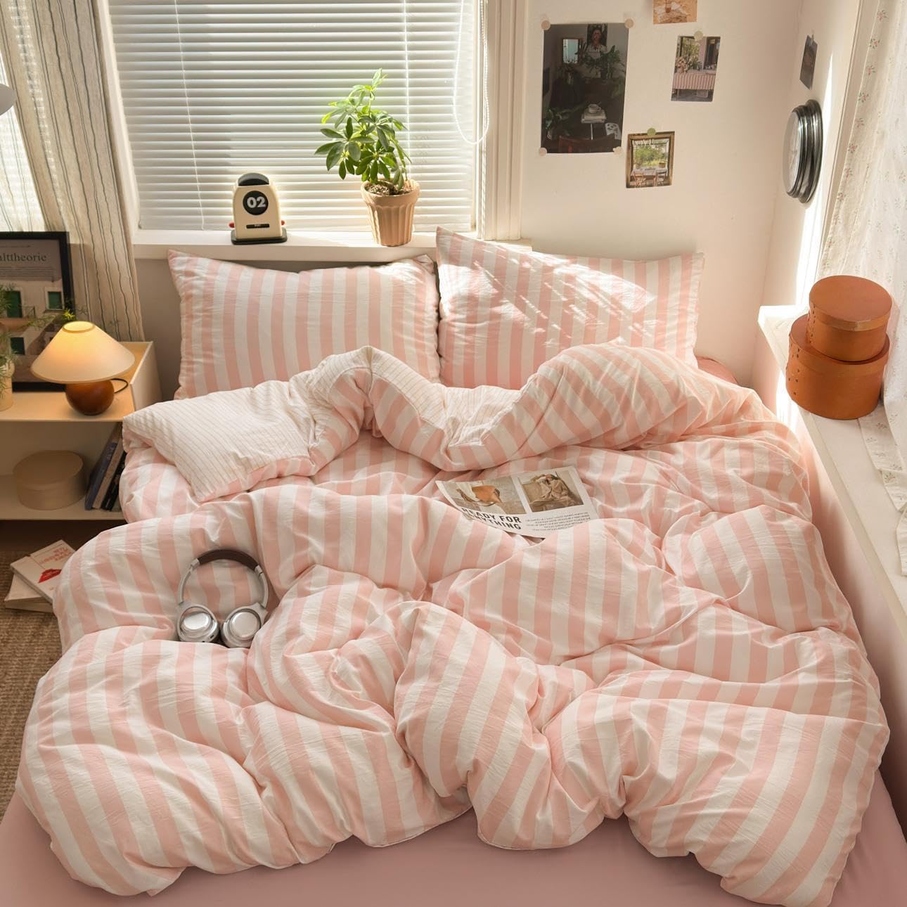 Thumbnail 2 de Freyamy Parure de lit 240x260 cm en microfibre rayures rose et blanc avec fermeture éclair