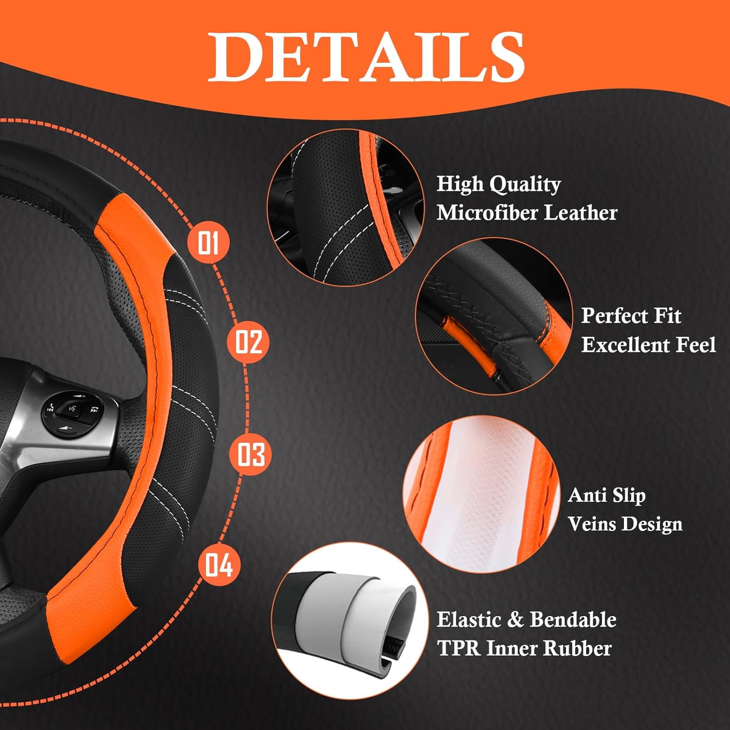 Thumbnail 4 de CAR PASS Leather Steering Wheel Cover and Waterproof Floor Mats Combo for 95% of Cars — 14.5–15 inch, Orange Sporty Lux Feel