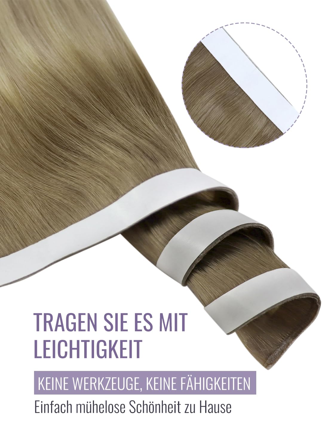 Detalle 2 de Fshine Genius Tape Weft Echthaar Tressen Mittebraun mit Asch- und Platinblond-Mix, 45 cm – einfache Tape-Tressenverlängerung