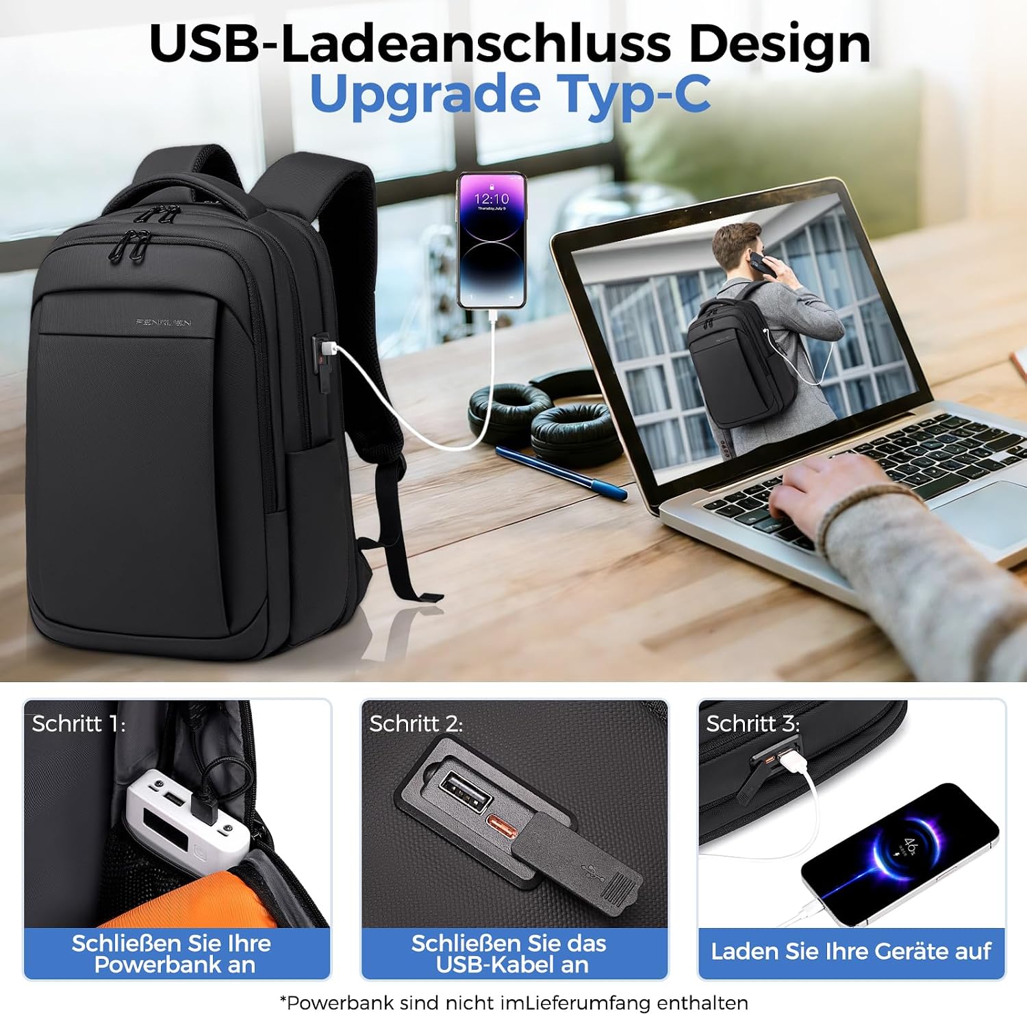 Detalle de Fenree.geer Rucksack Herren 17,3 Zoll – erweiterbarer Handgepäck-Laptoprucksack mit USB-Anschluss und Diebstahlschutz