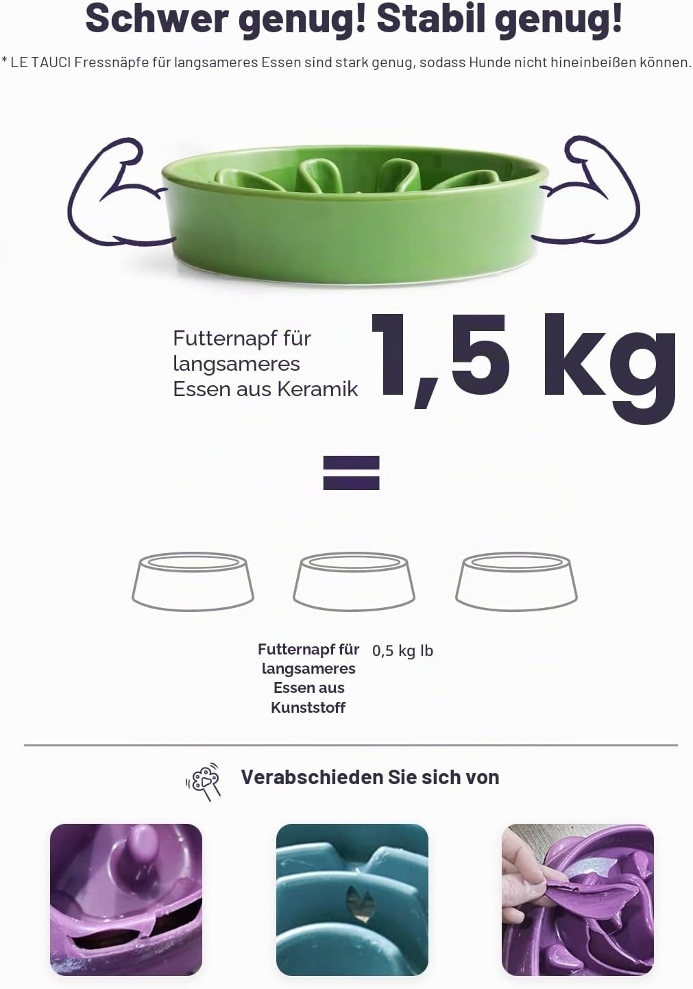 Detalle de LE TAUCI Keramik-Napf – langsames Fressen, rutschfest, für kleine bis mittlere Hunde (Grün Kleeblatt, 675 ml)