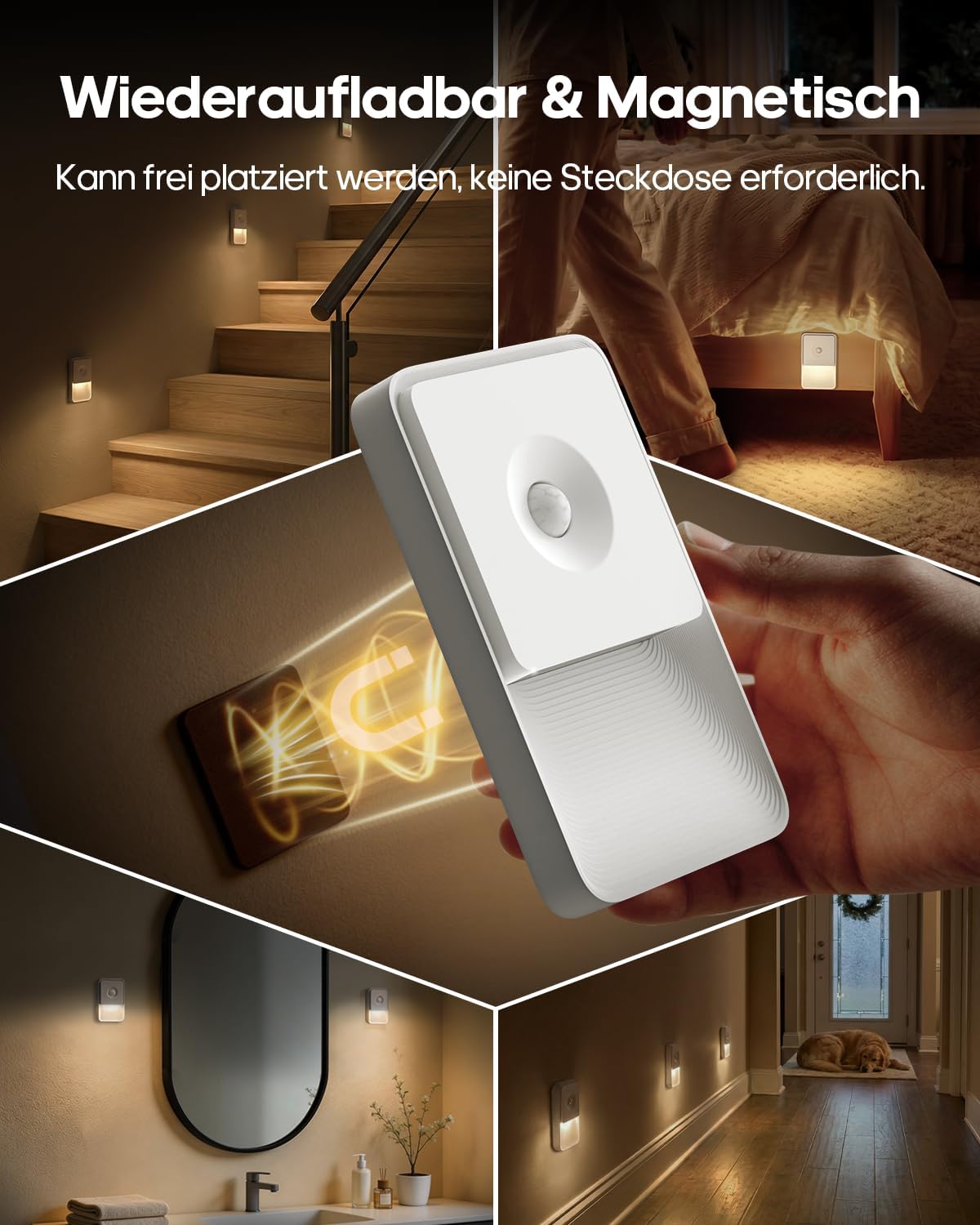Detalle de GOODEA Nachtlicht mit Bewegungsmelder 8 Stück – USB-C Aufladbar, 3000K, dimmbar, magnetisch, ohne Steckdose