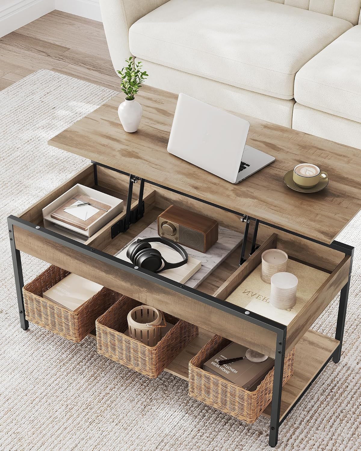 Detalle de VASAGLE LCT261LB02 Height-Adjustable Coffee Table, 50 x 100 cm, Hidden Storage