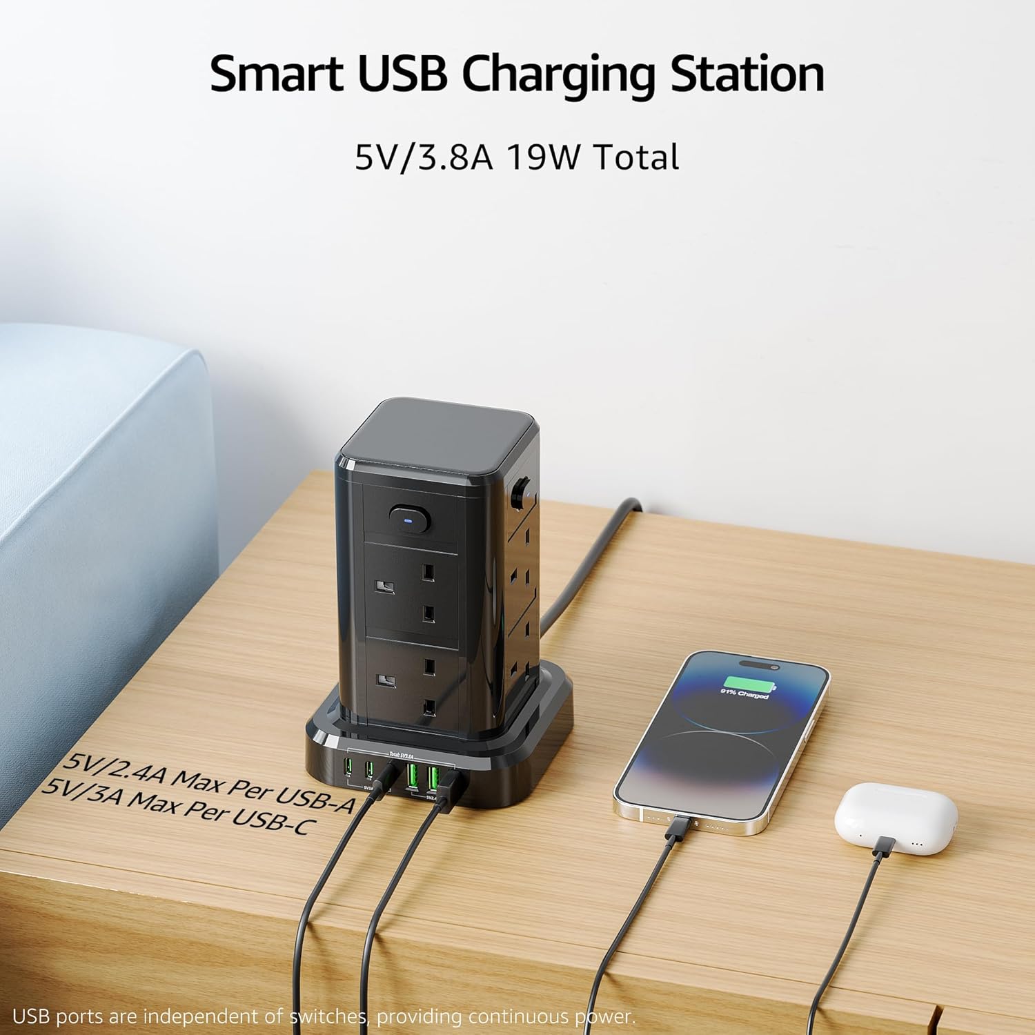 Thumbnail 1 de Tower Extension Lead 8‑Way with 6 USB, 13A 3250W 🔌