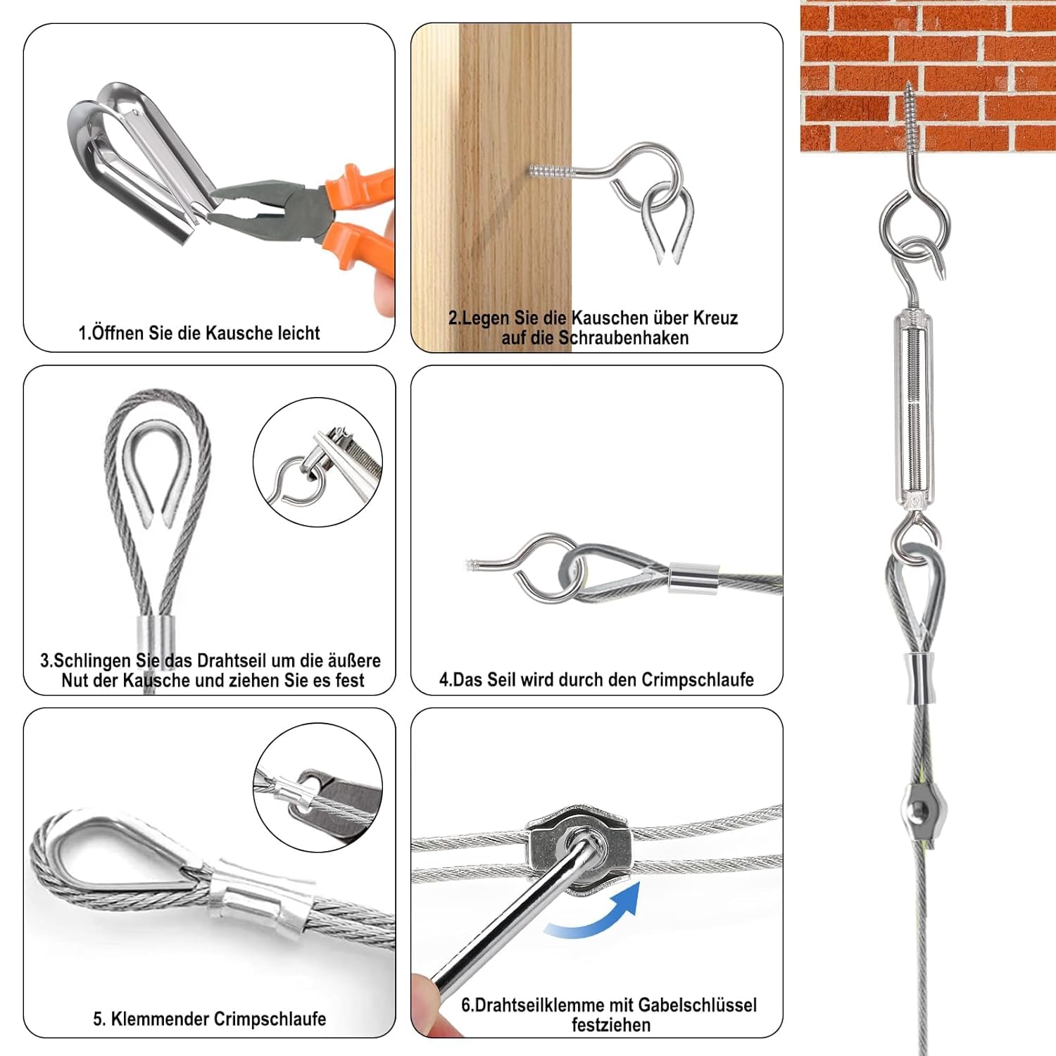 Detalle de Philtool 40M 3mm Edelstahl Drahtseil Kit – 74teilig, Ummantelung mit Ösen