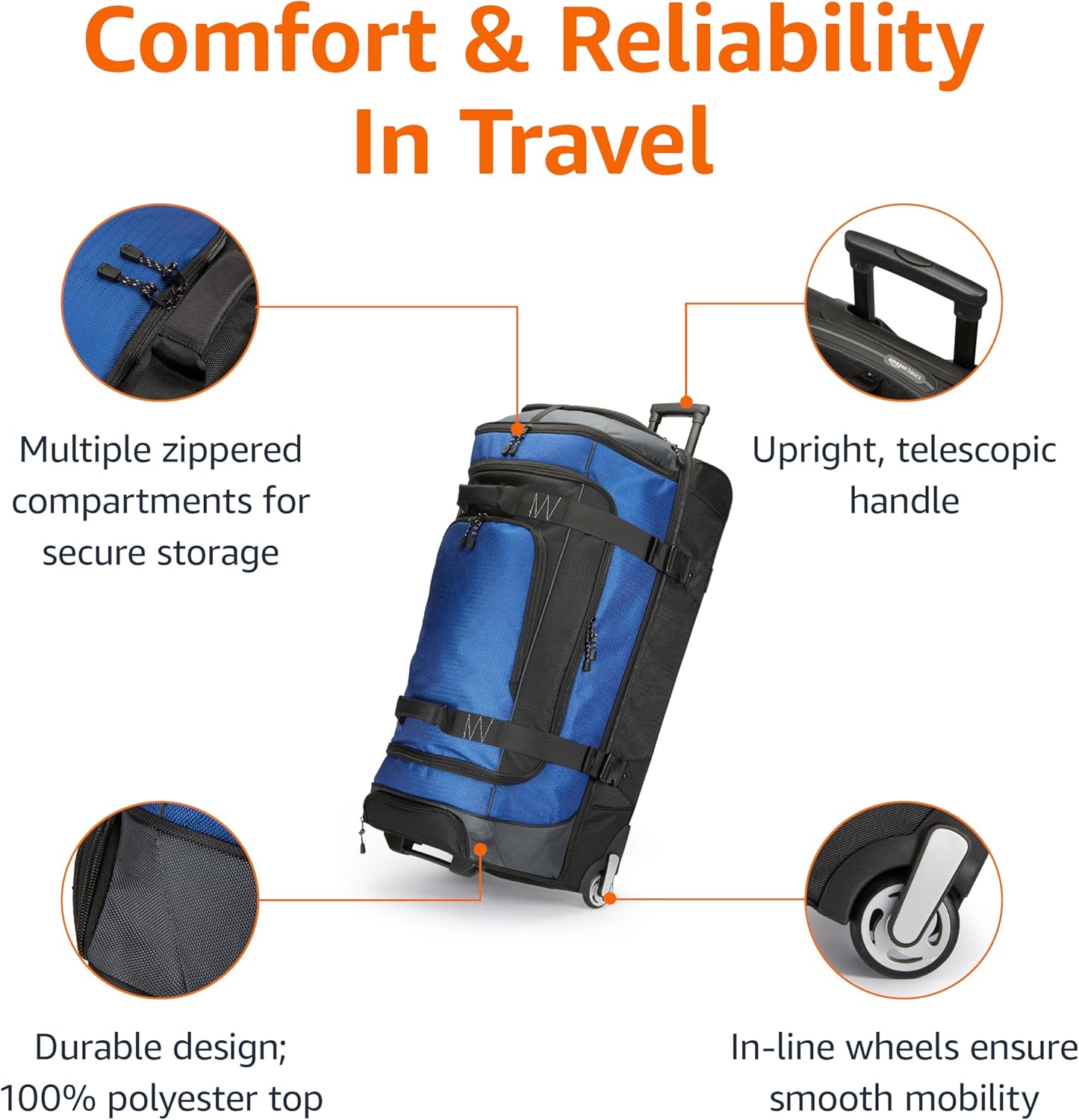 Detalle de Amazon Basics Rolling Travel Duffel Bag, 137L – Lightweight, Durable and Practical for Travel