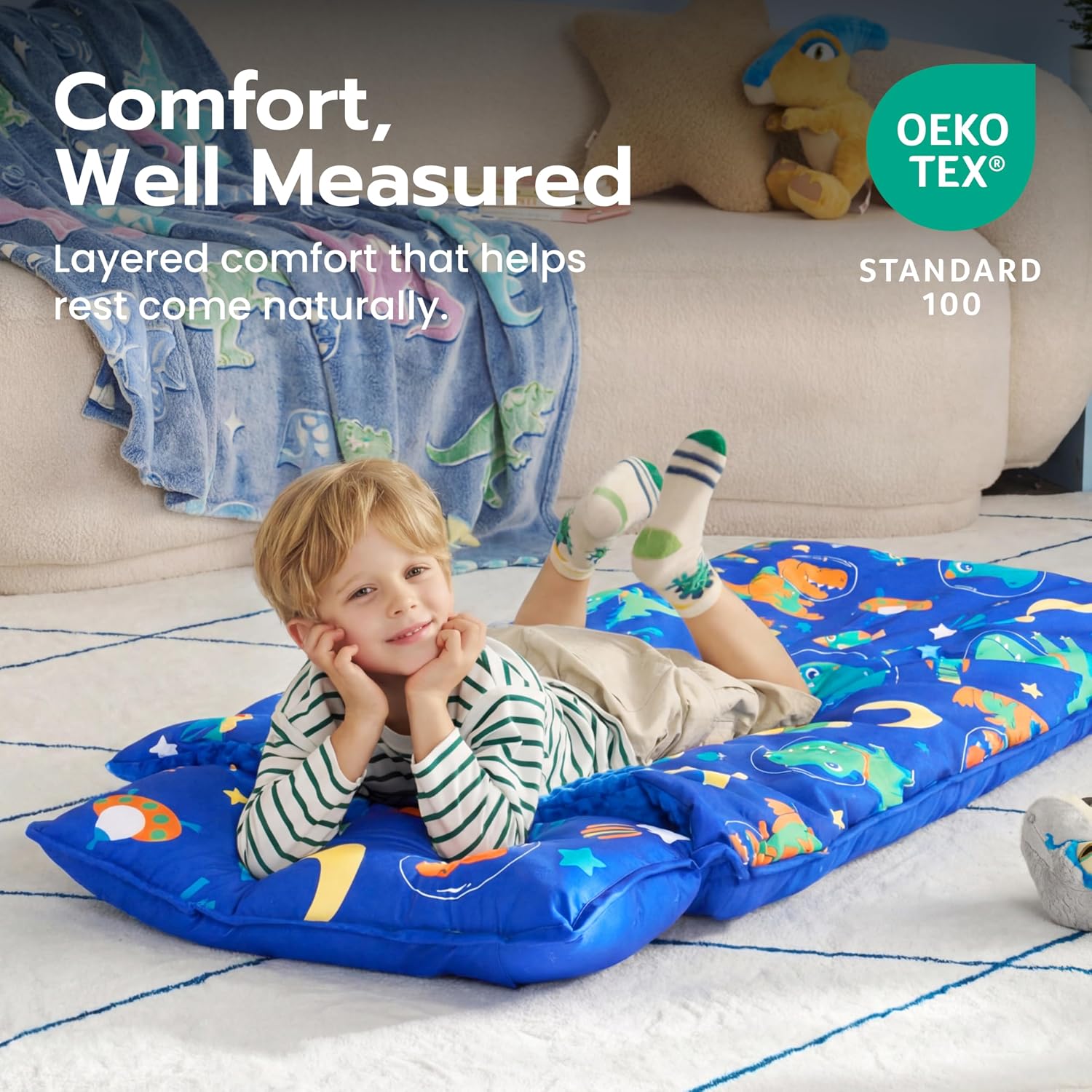 Detalle de JOIEDOMI Toddler Nap Mat, 55" x 30", with Removable Pillow & Blanket