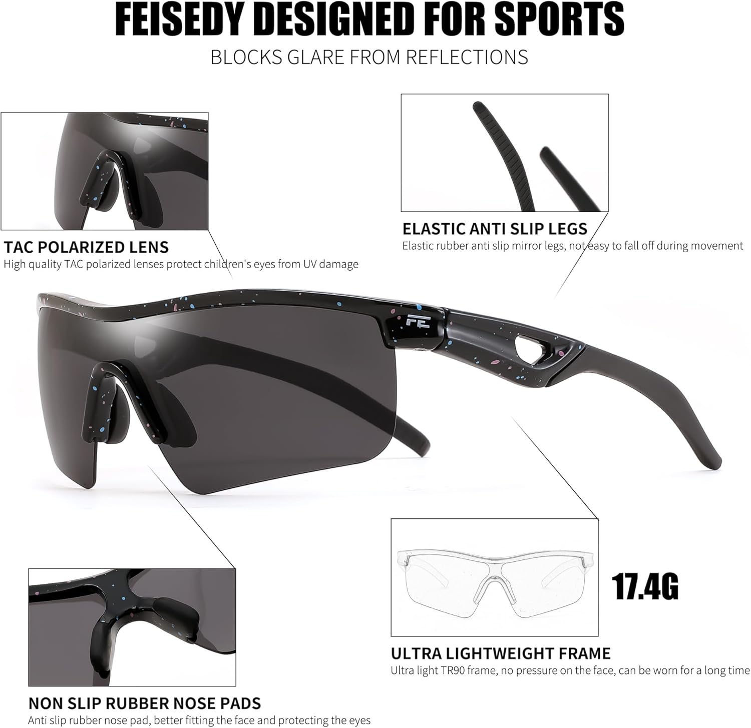Thumbnail 2 de FEISEDY Kids Polarised Sports Sunglasses: Lightweight TR90 Frame for Active Children (B2454)