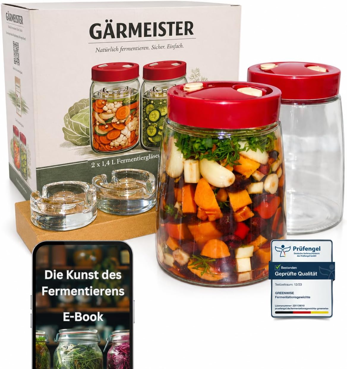 Detalle de GREEN WISE Fermentierglas Set 2er – je 1,4 L mit Gärventil, Deckel & Gewichten