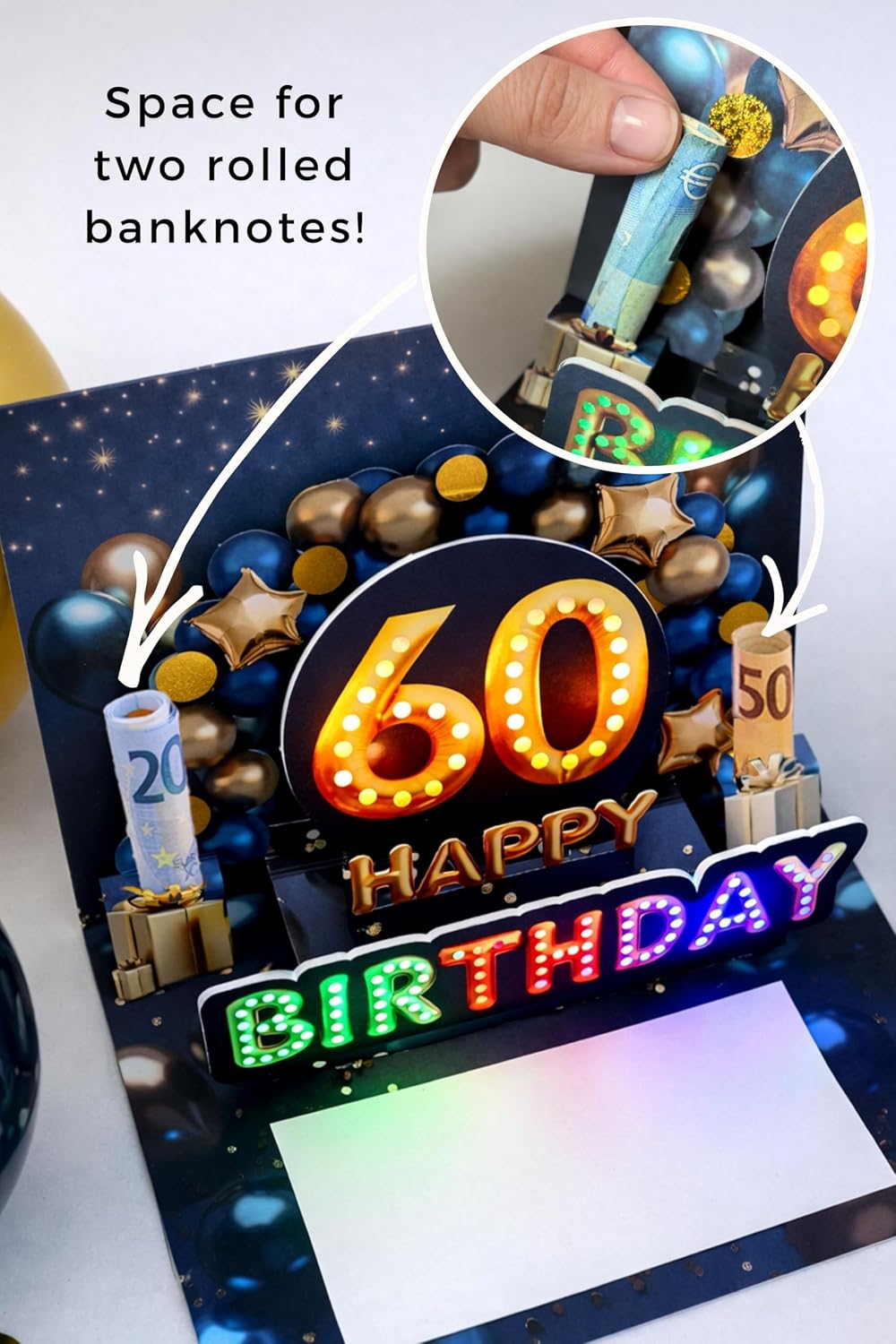 Detalle de Joli Coon Biglietto auguri 60 anni uomo – Biglietto 3D pop up con musica e luce, con busta e sigillo