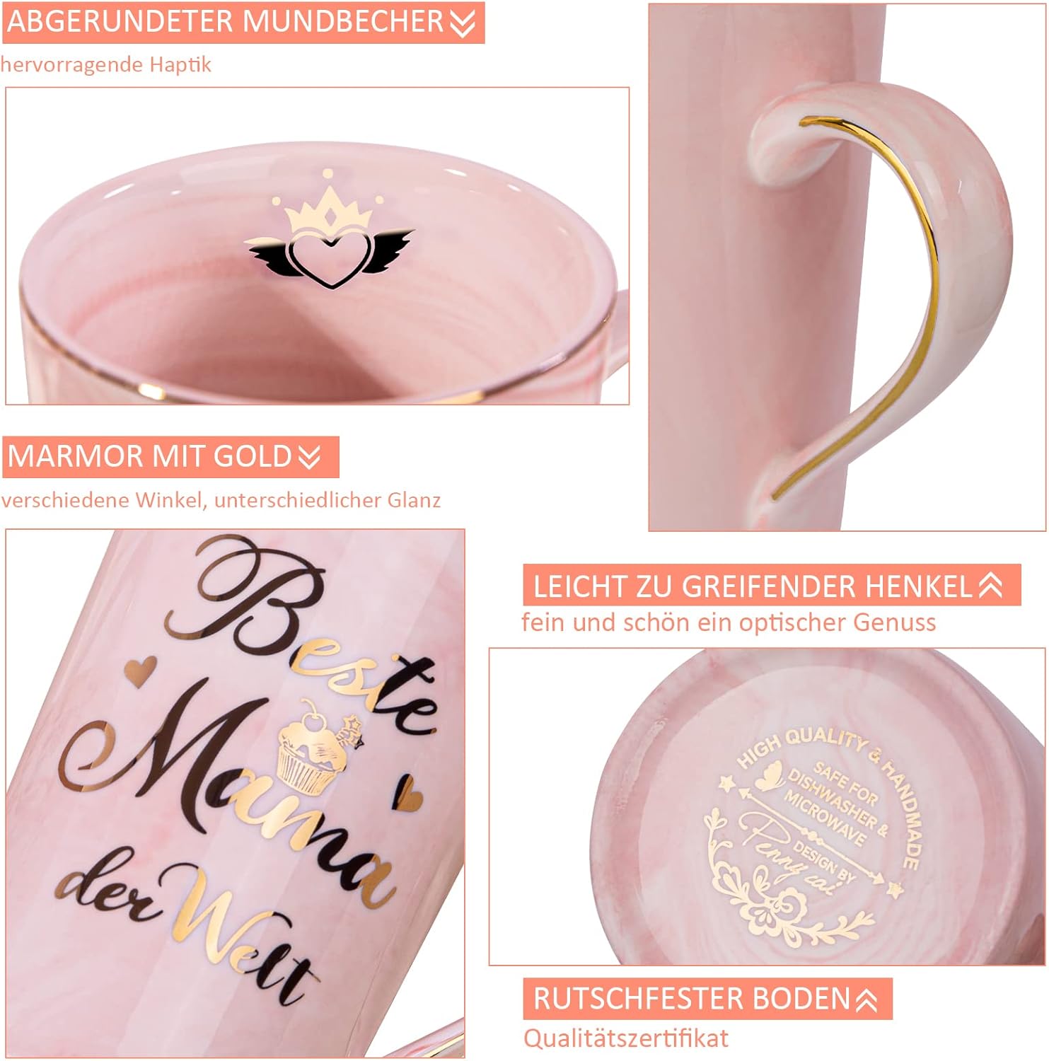 Thumbnail 3 de Muttertagsgeschenk „Beste Mama der Welt“ – Muttertagsgeschenk Tasse in Rosa Marmoroptik mit Goldaufdruck, 400 ml (mit Deckel, Löffel & Grußkarte, Geschenkbox)