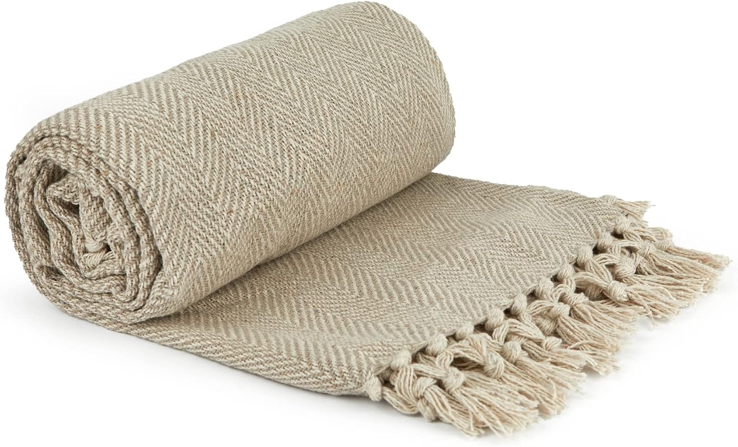 Emma Barclay Jodełka – narzuta z bawełny z recyklingu, naturalna, 178 × 254 cm