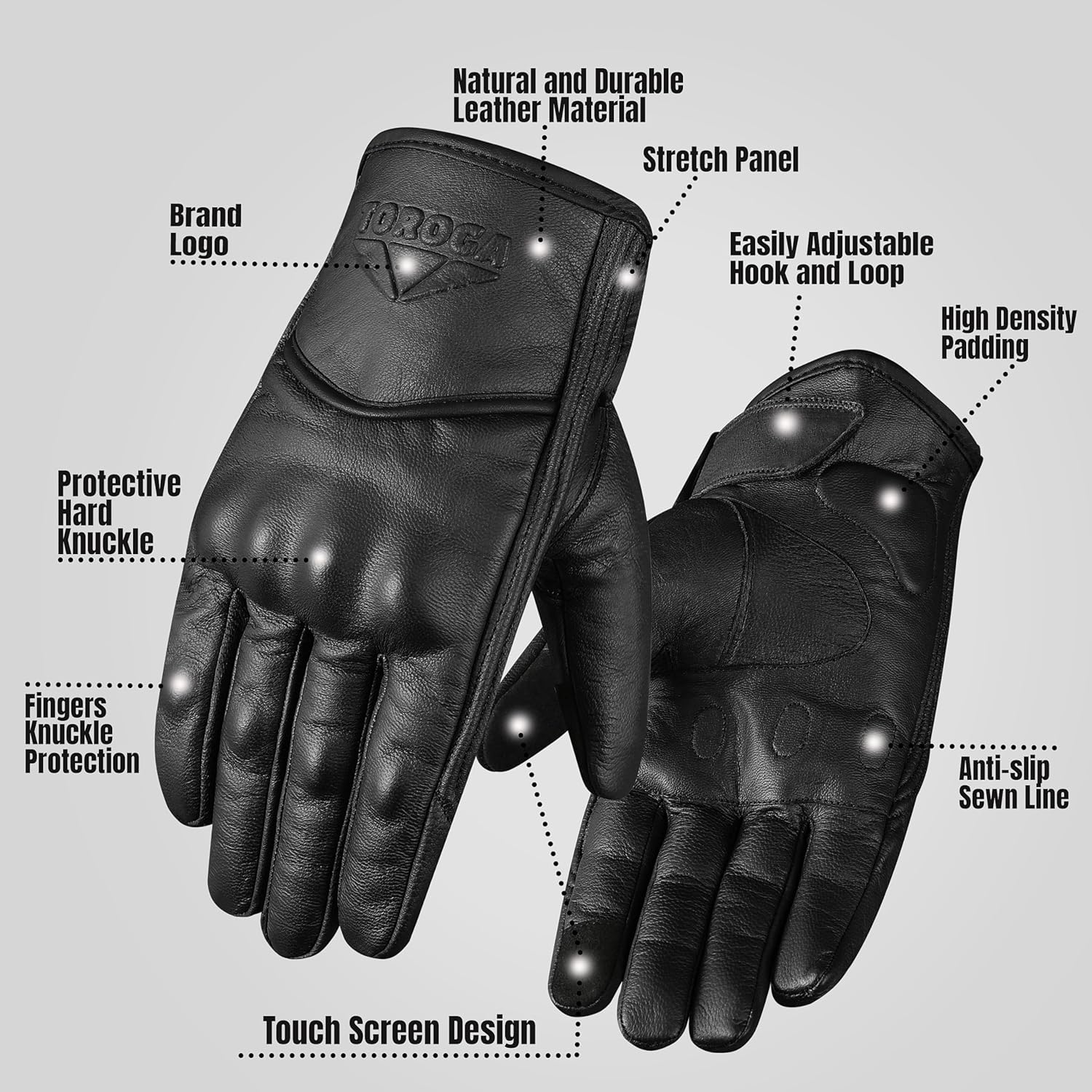 Detalle de TOROGA Hard Knuckle Leather Motorcycle Gloves Full‑Finger