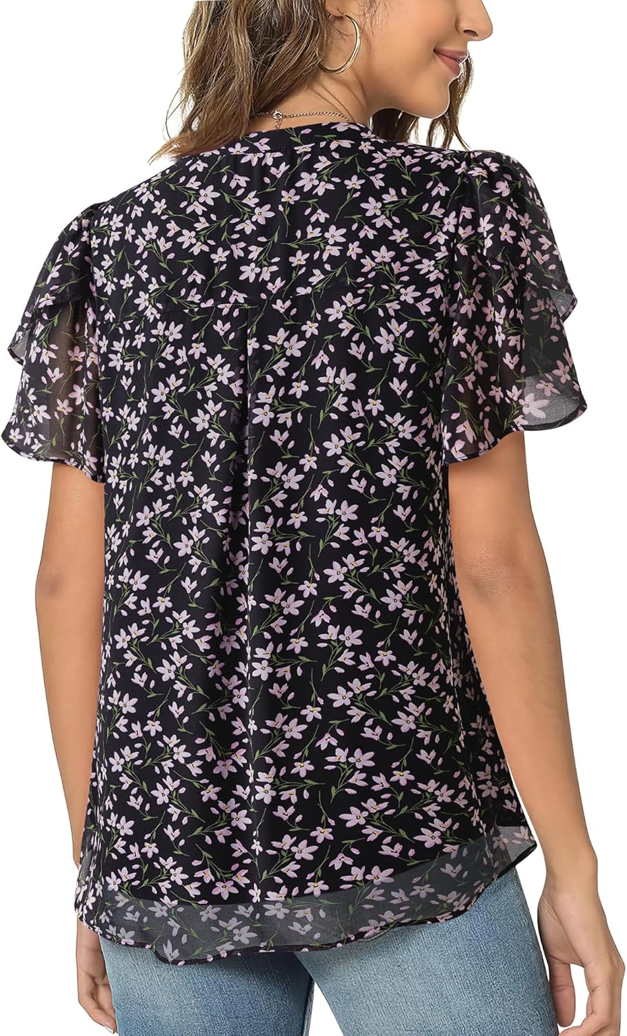 Thumbnail 3 de Lotusmile Women's Dressy Chiffon Blouses: Summer Puff Petal Short Sleeve V-Neck Top