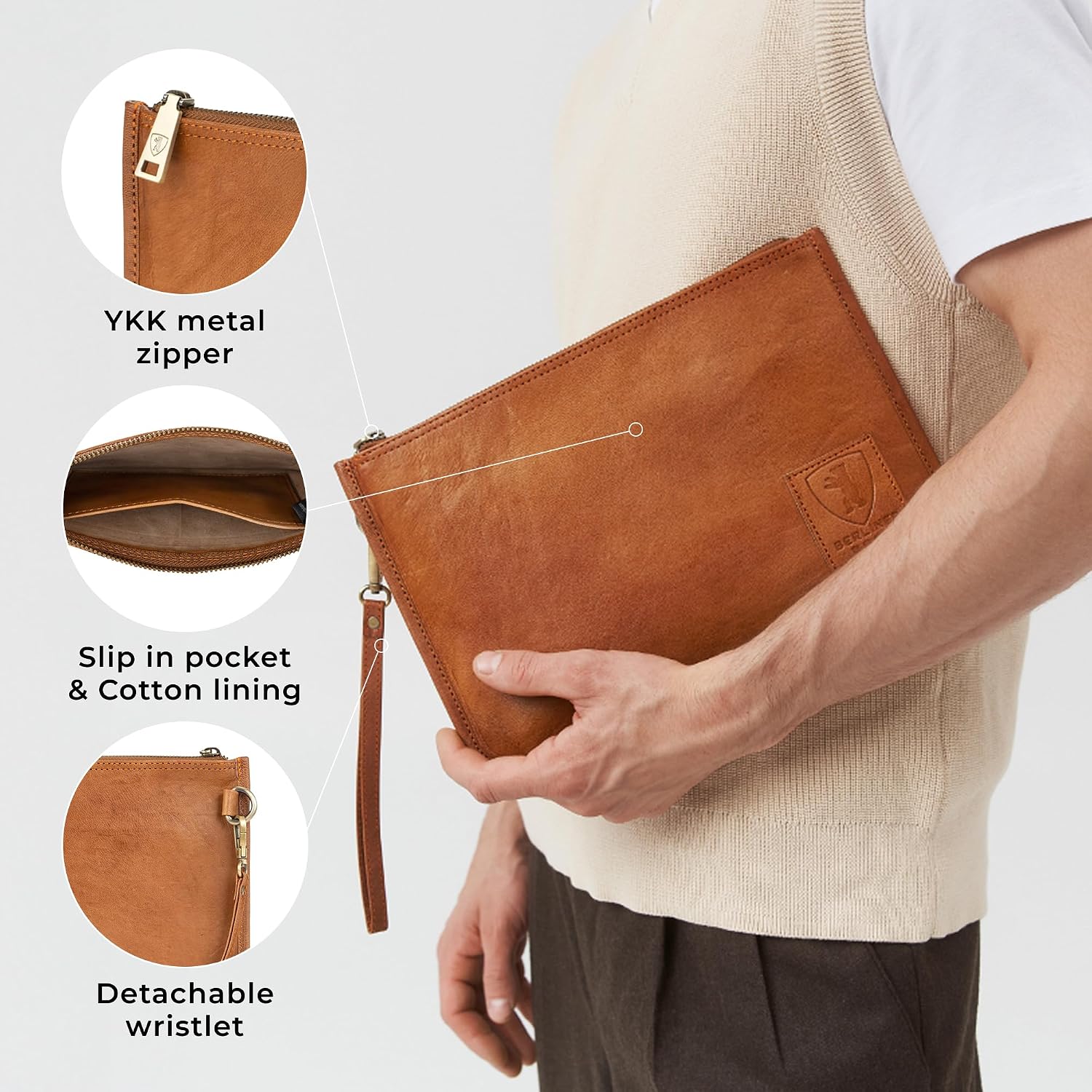 Detalle 2 de Berliner Bags Theo XL : pochette en cuir véritable pour documents et passeport (maron) avec fermeture éclair
