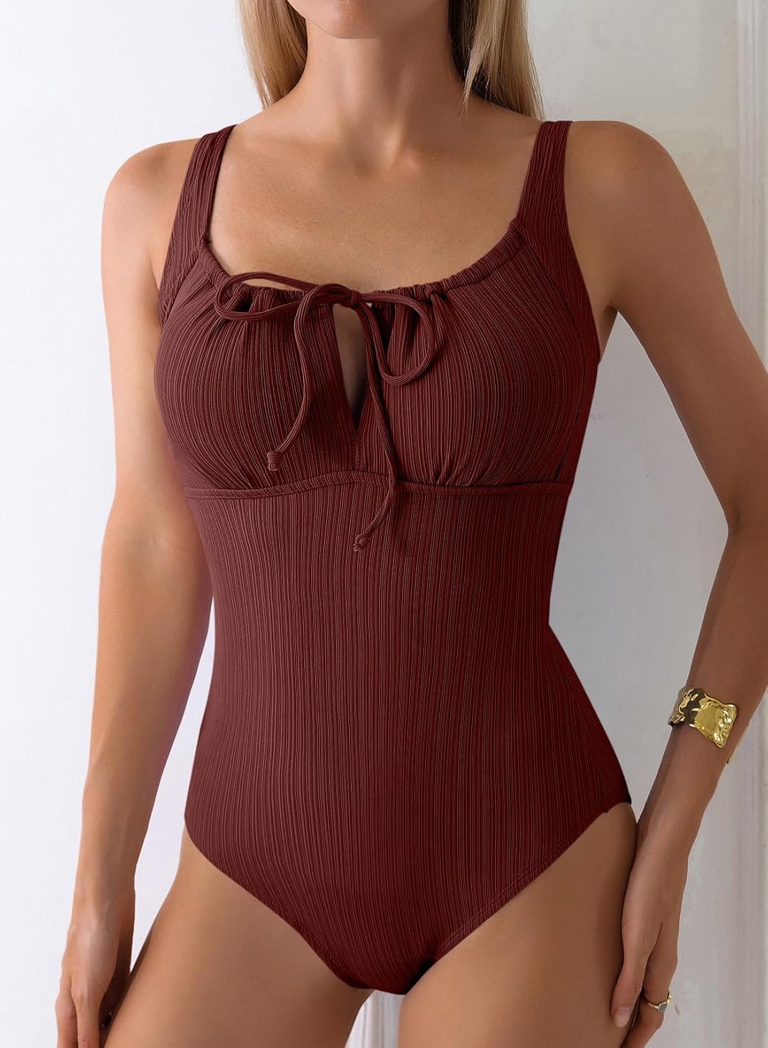 Thumbnail 1 de Aleumdr Women’s Textured One-Piece Swimsuit with Tummy Control & Tie-Knot Cutout