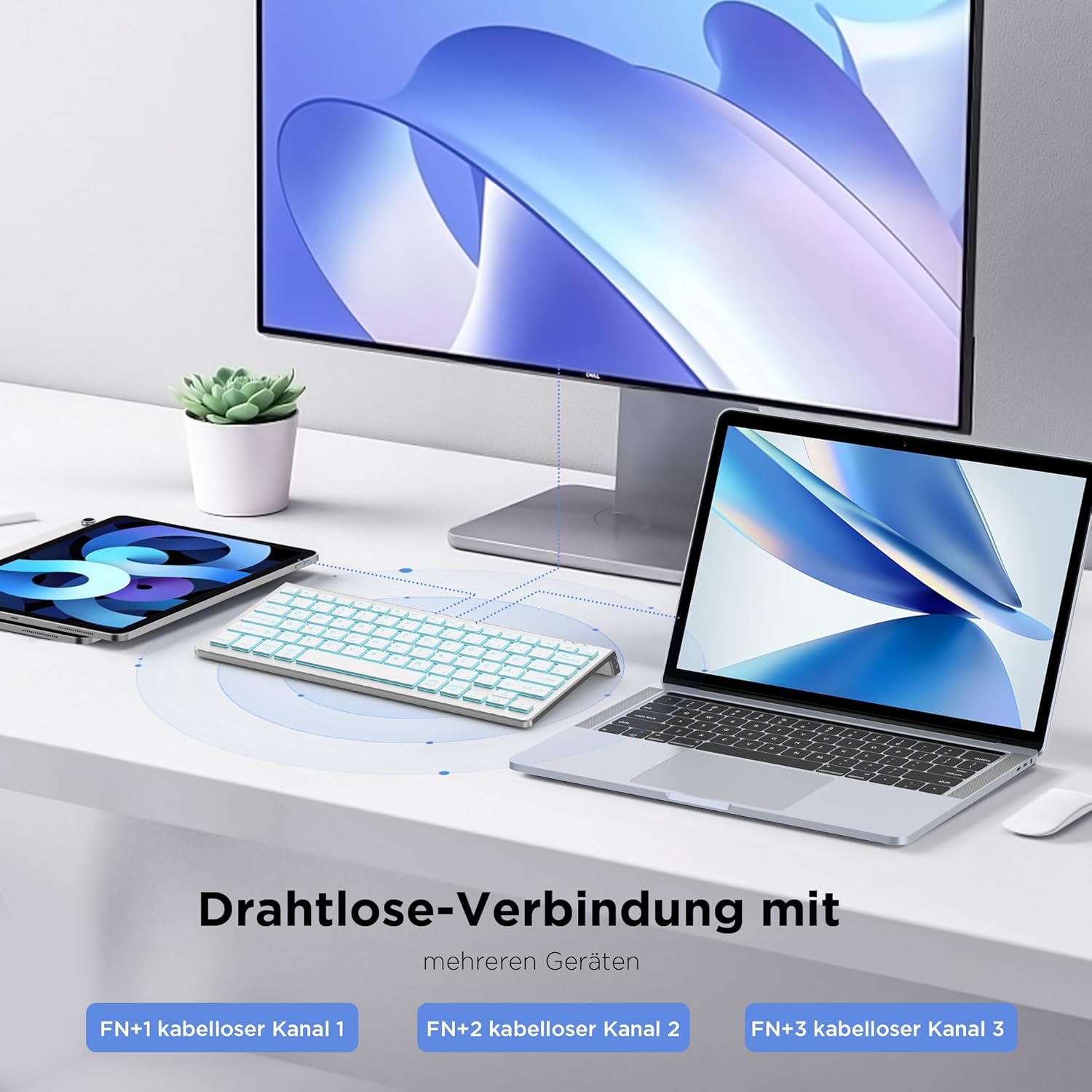 Detalle 2 de Bluetooth Deutsche Tastatur von CACOE – kompatibel mit iPad A16/10, iPad Air/Pro sowie iOS, Android, Windows (3 BT-Kanäle, silber, 7 Farben)