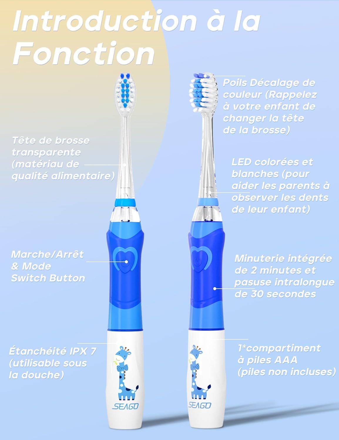 Thumbnail 4 de Seago SG977: brosse à dents électrique enfant avec LED colorée, minuterie 2 min et 4 têtes remplaçables (Bleu)