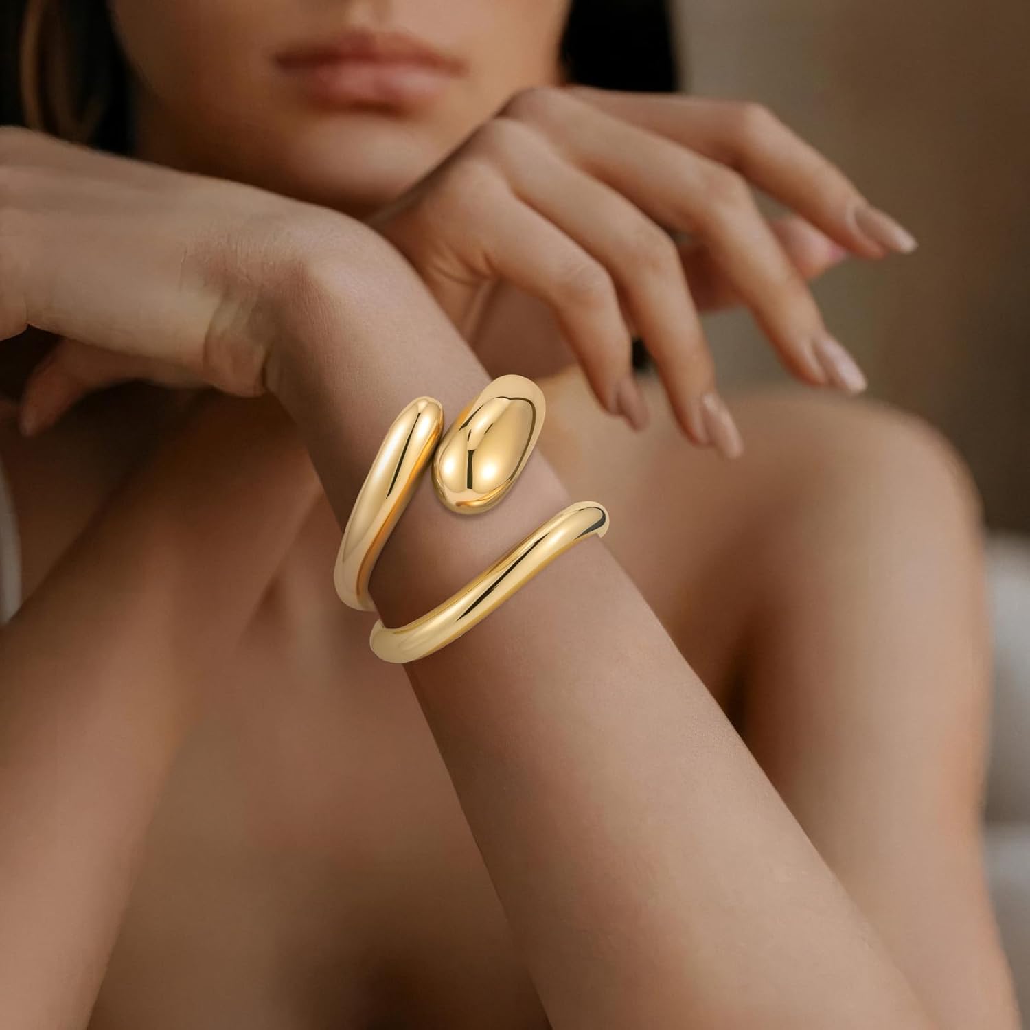 Thumbnail 1 de Yowivon Gold Bangles Bracelet for Women – irregular chunky teardrop wave hinged open cuff