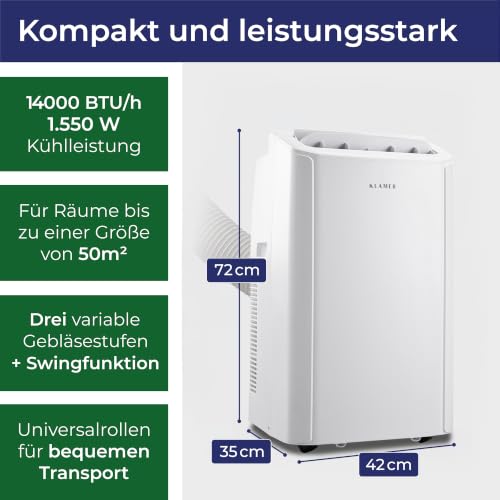 Detalle de KLAMER Mobile Klimaanlage 14000 BTU – flexibel, 3-in-1, geeignet für Räume bis 50 m²