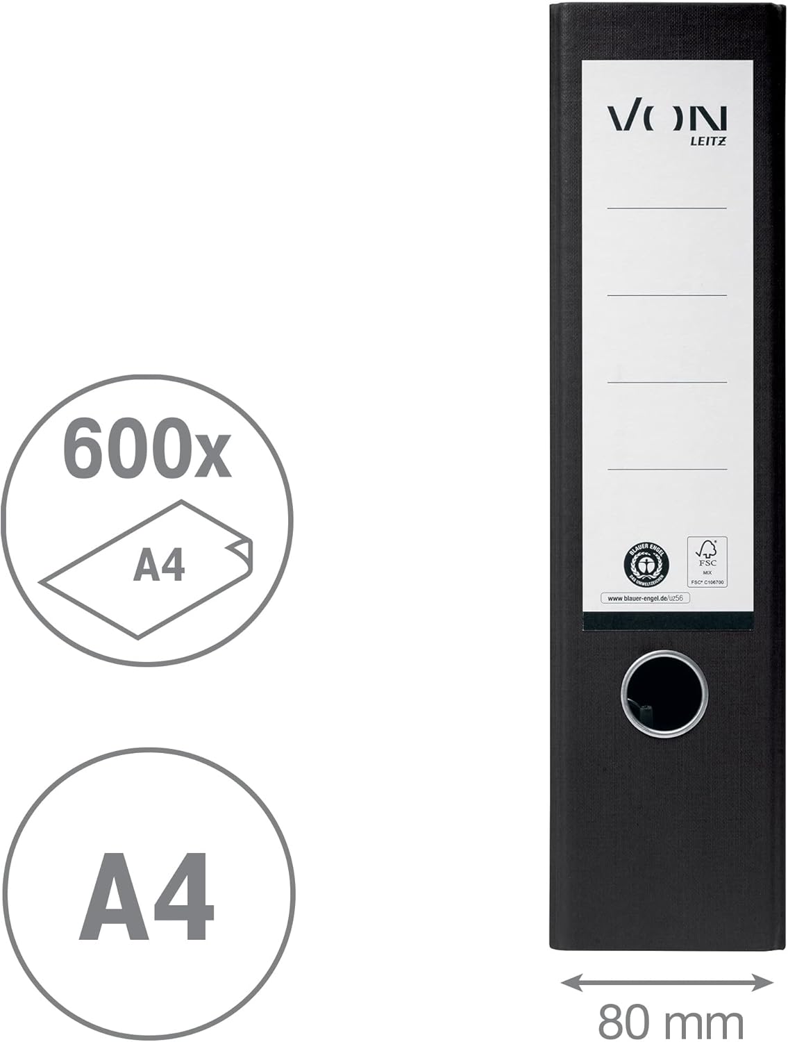 Detalle de VON Leitz A4 Ordner 2-Ring, 80 mm Rücken, 10er Pack – 100% Recyclingpapier, Blaues Angel & FSC, Schwarz (10530095)
