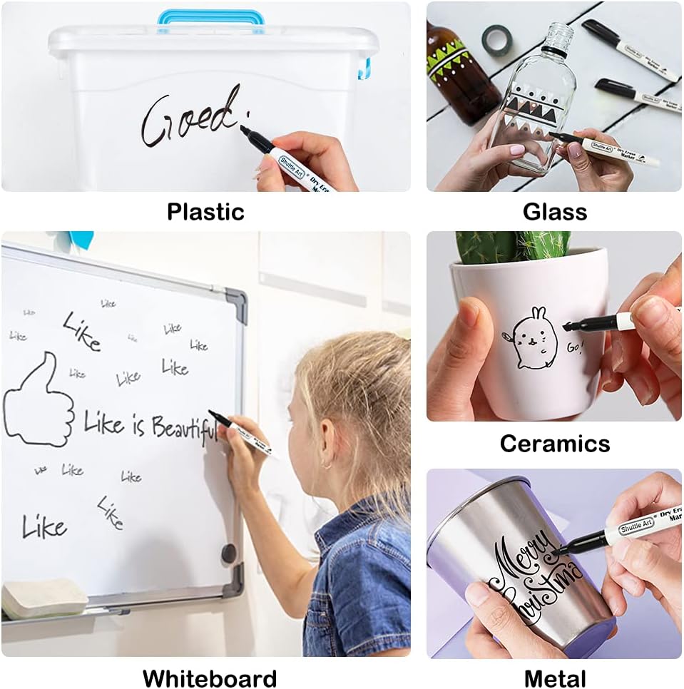 Thumbnail 6 de Shuttle Art 120 Pack Black Chisel Tip Whiteboard Pens with 2 Erasers