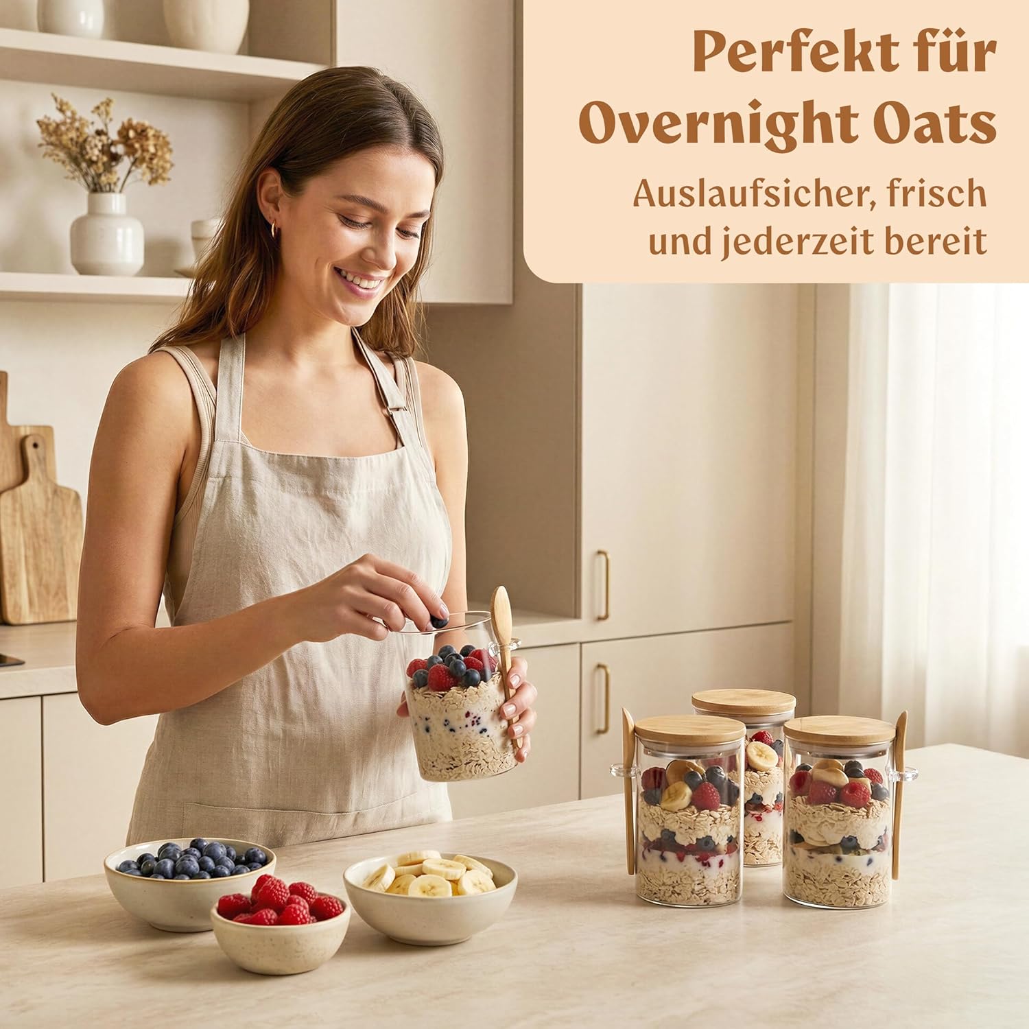 Thumbnail 4 de EDELHAUS Overnight Oats Vorratsgläser-Set (4 x 500 ml) mit Deckel, Etiketten & Löffeln