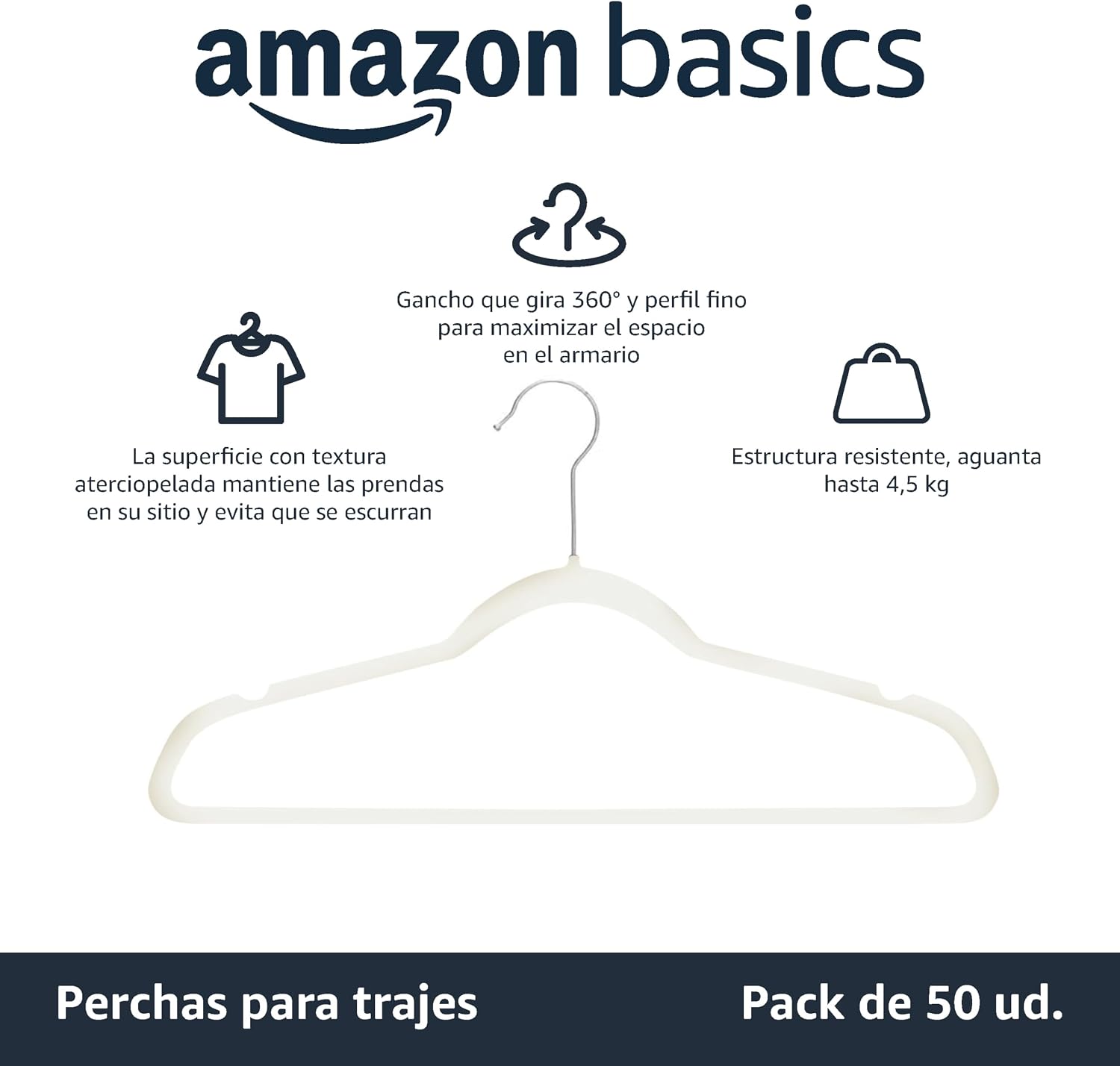 Detalle de Amazon Basics Perchas de Terciopelo para Trajes - Paquete de 50, Marfil