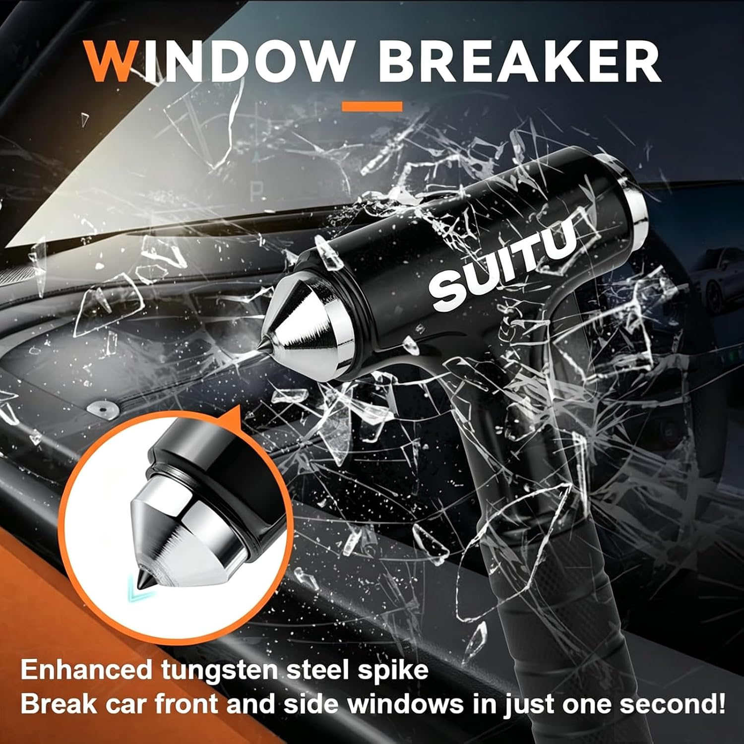 Thumbnail 1 de Car Window Breaker, 3-in-1 Emergency Glass Breaker & Seatbelt Cutter — Aluminum Alloy Car Escape Tool (Black)