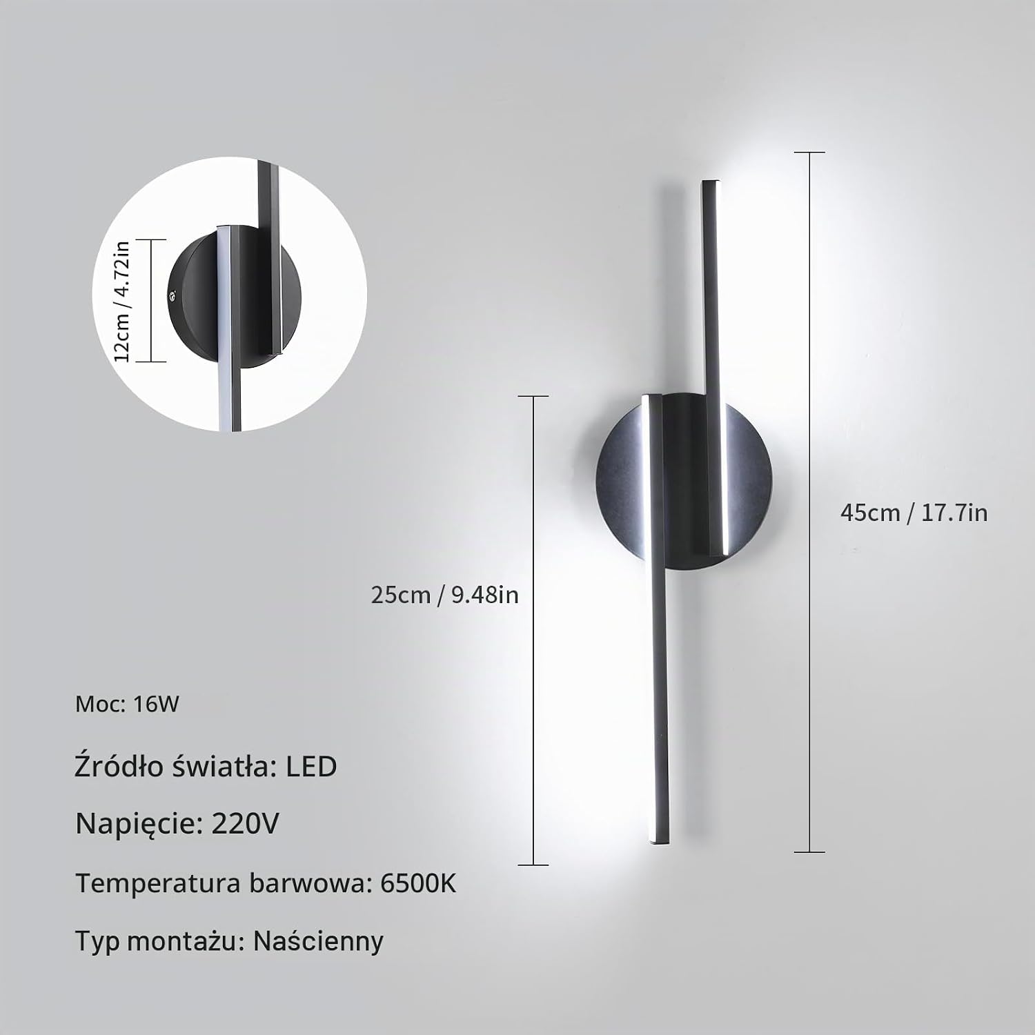 Detalle de Tealight EU-LJY-886854 – czarny kinkiet LED 16 W, 1800 lm, 6500 K