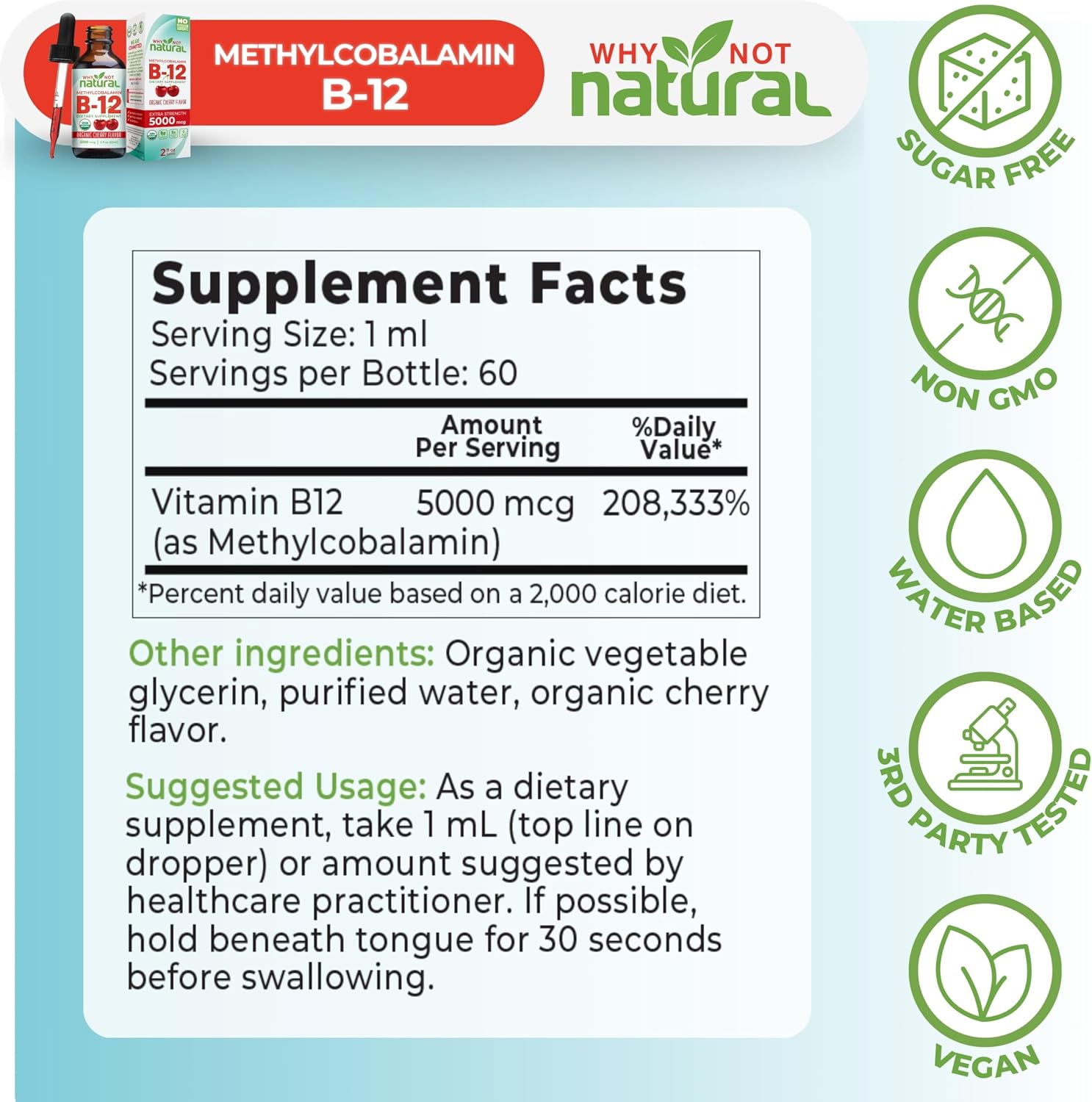 Detalle 1 de Why Not Natural B12102 Liquid Vitamin B12 Drops, 5,000 mcg Methylcobalamin