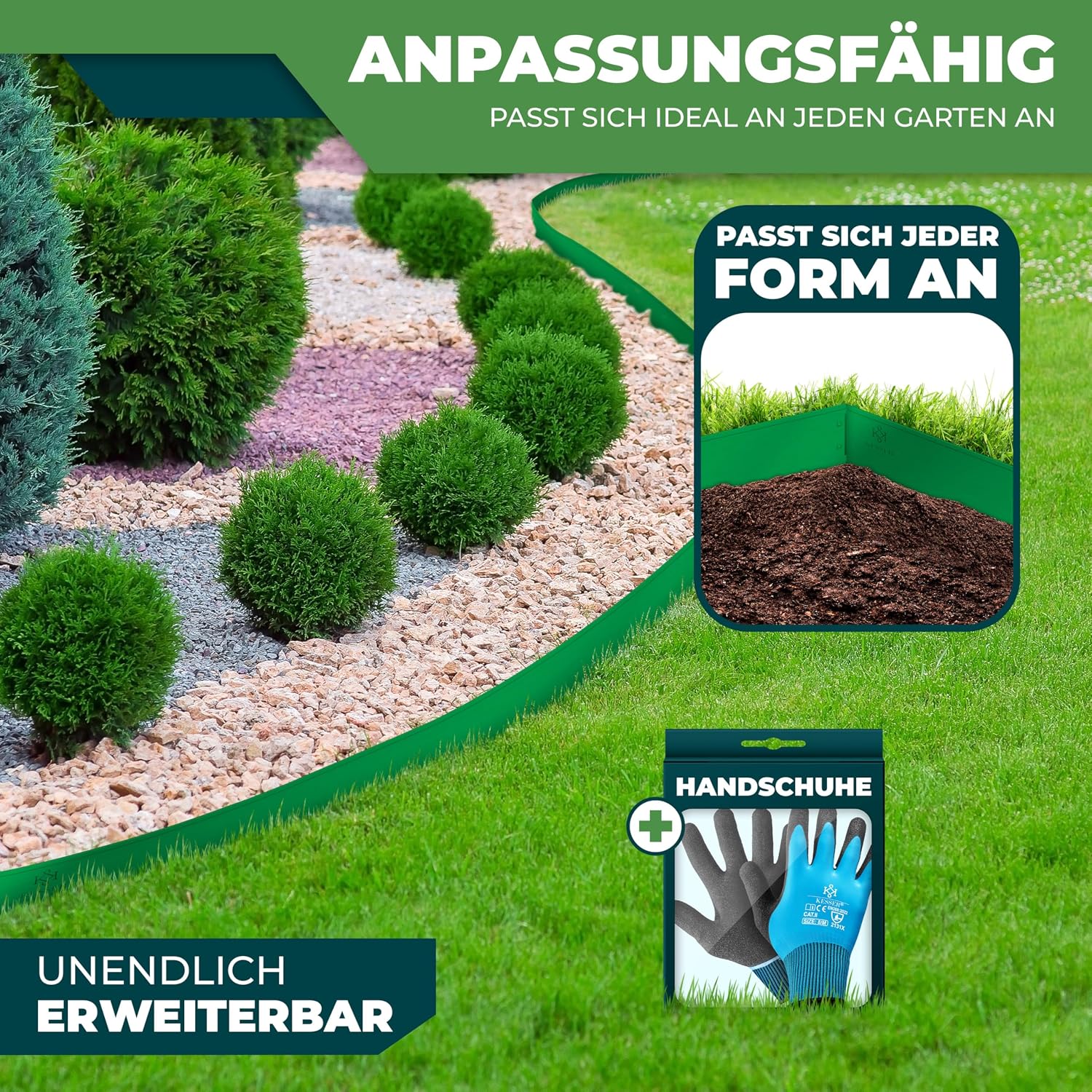 Detalle de KESSER Rasenkante Beeteinfassung – Beetumrandung mit Handschuhen 10 m, 100 x 14 cm, Metall Palisade, Silber