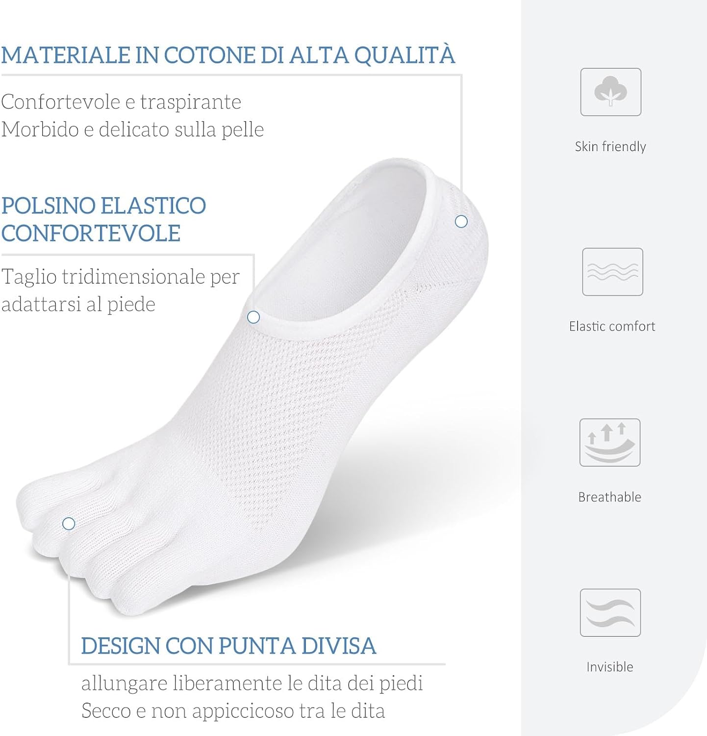 Detalle de PUTUO Calzini Fantasmini con Dita da Uomo: 5 dita, cotone, invisibili e traspiranti (4 paia, taglie 39-46)