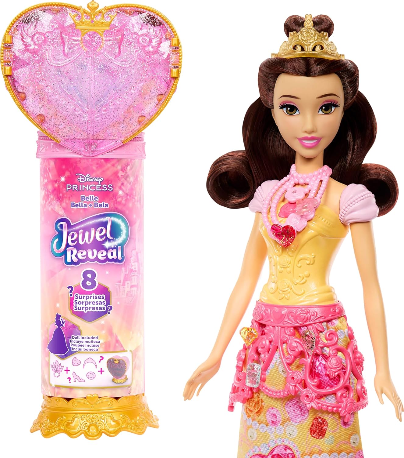 Detalle de Mattel Disney Princess Belle Jewel Reveal – Bambola con cuorito portagioie e gioielli, 3+ anni