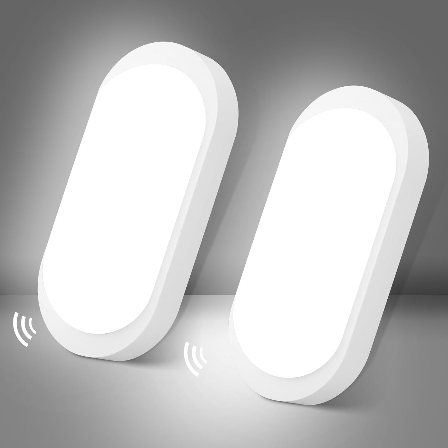 Detalle de IEGLED 2er-Set Kellerlampe mit Bewegungsmelder (Radar), IP65 LED Wandleuchte mit Dämmerungssensor, 12W oval