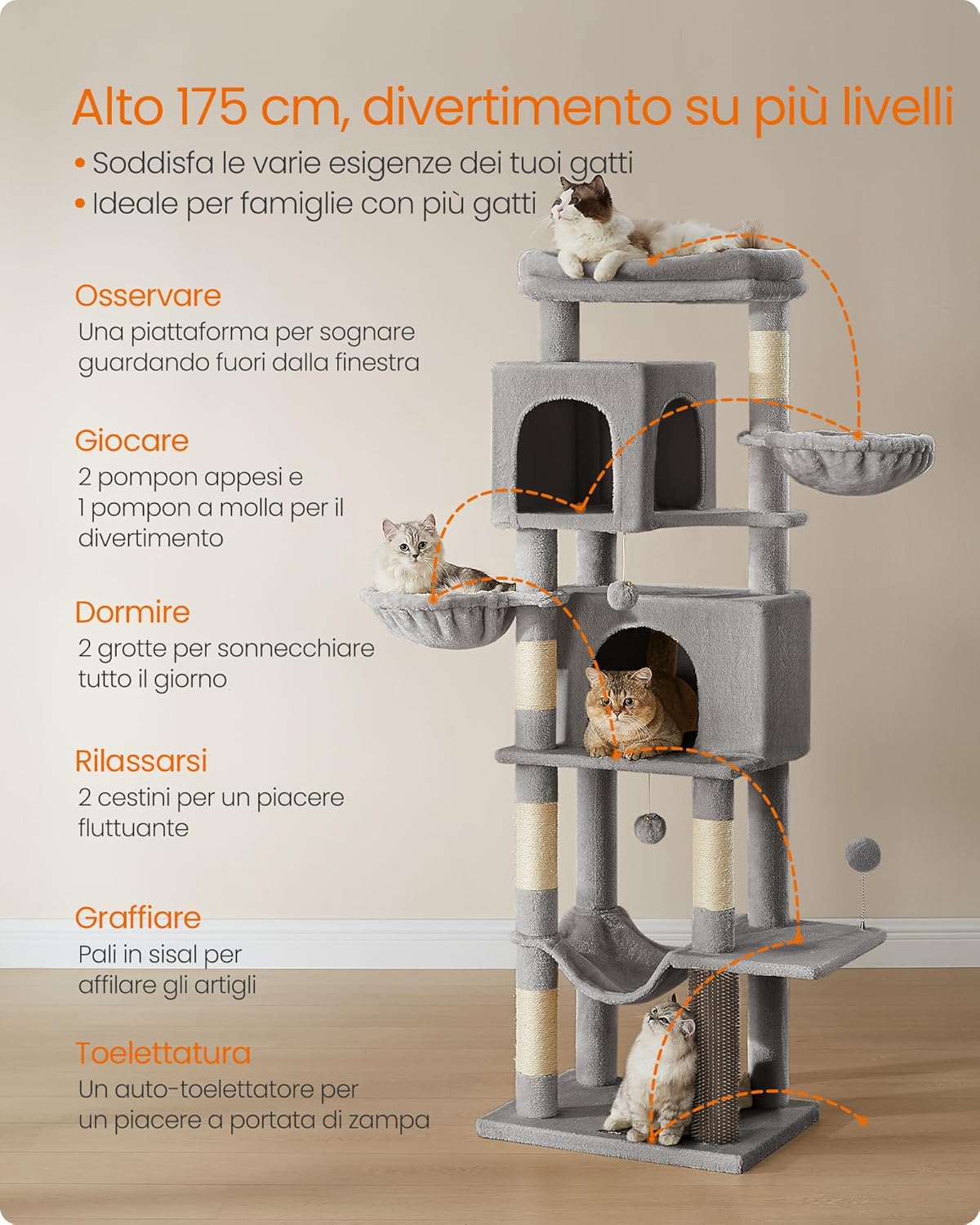Detalle 2 de Feandrea Albero per gatti grande PCT182G01, torre tiragraffi alta 175 cm multilivello grigio tortora